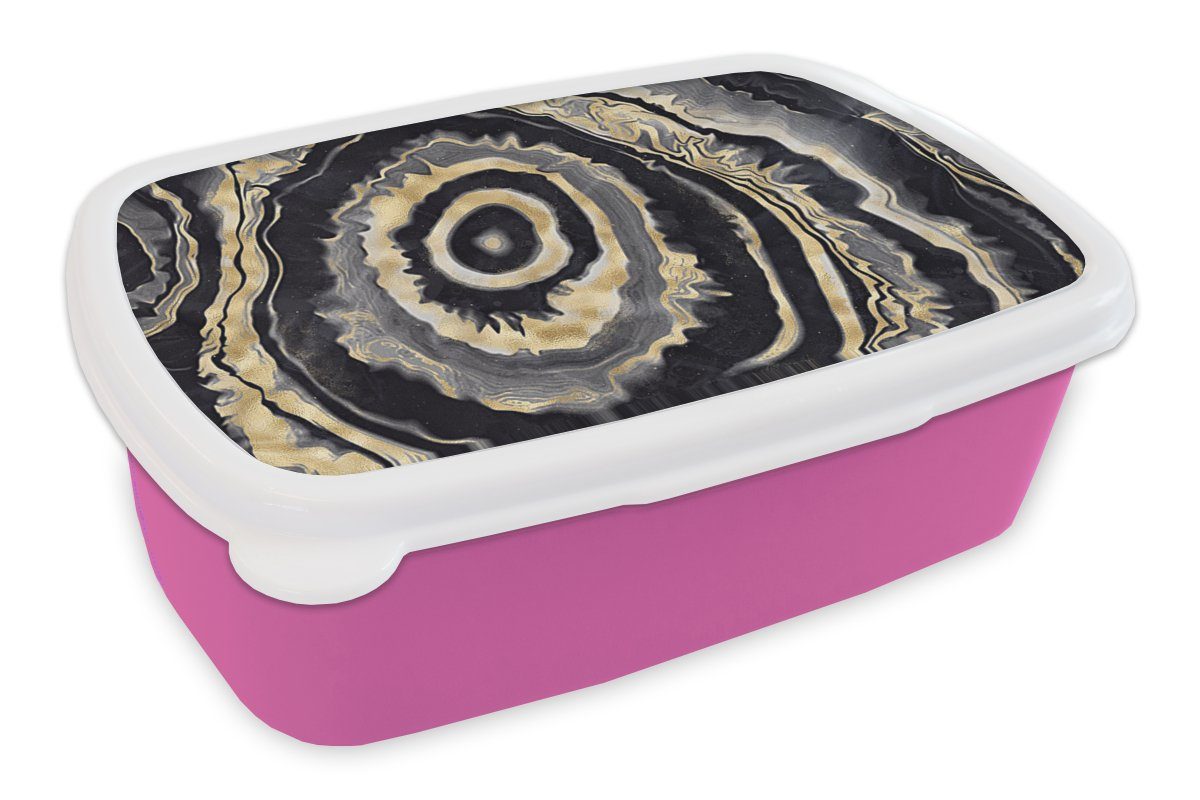 MuchoWow Lunchbox Achat - Gold - Geodestin - Marmor, Kunststoff, (2-tlg), Brotbox für Erwachsene, Brotdose Kinder, Snackbox, Mädchen, Kunststoff rosa