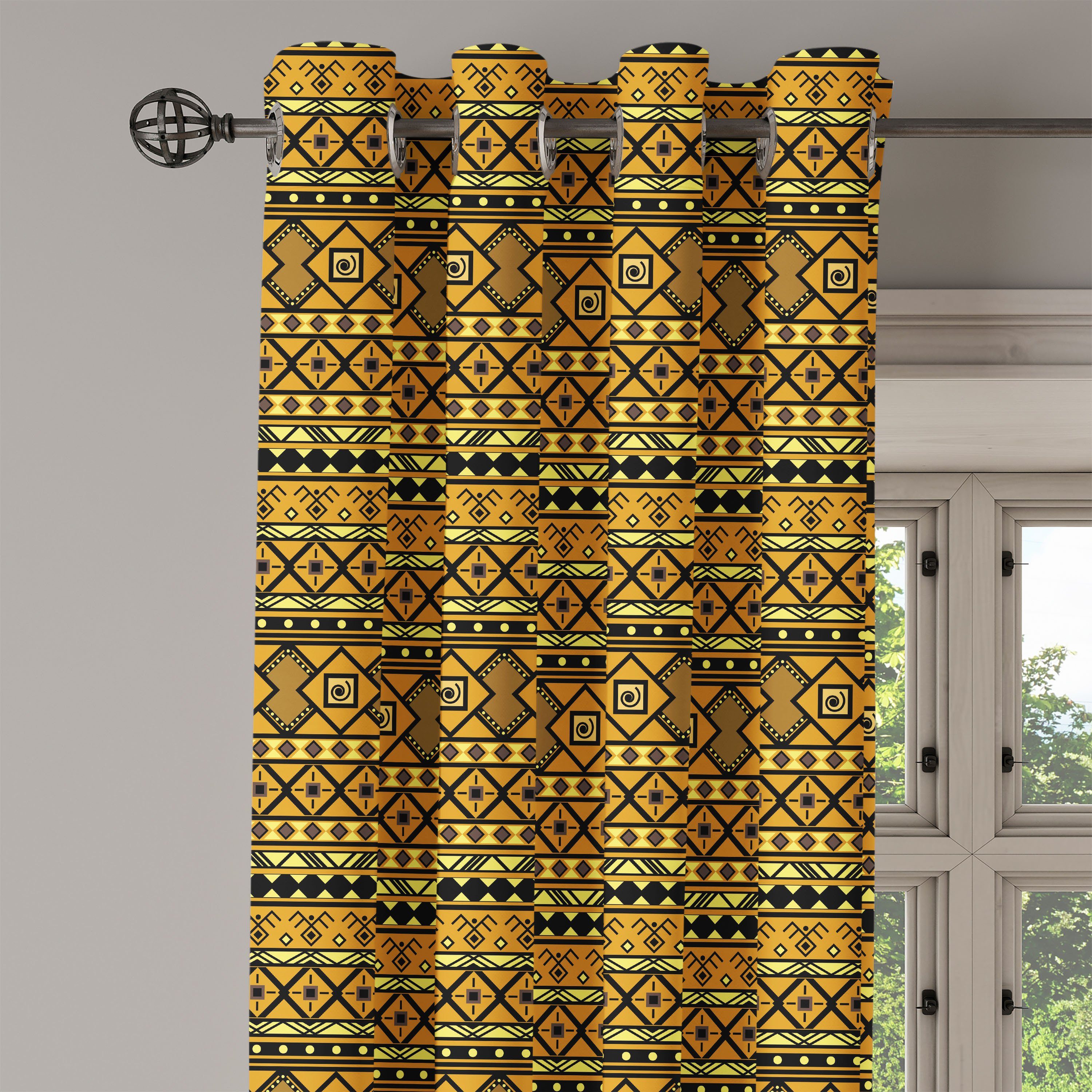 geometrische Stammes Abakuhaus, 2-Panel-Fenstervorhänge Schlafzimmer für Wohnzimmer, Gardine Dekorative Folk