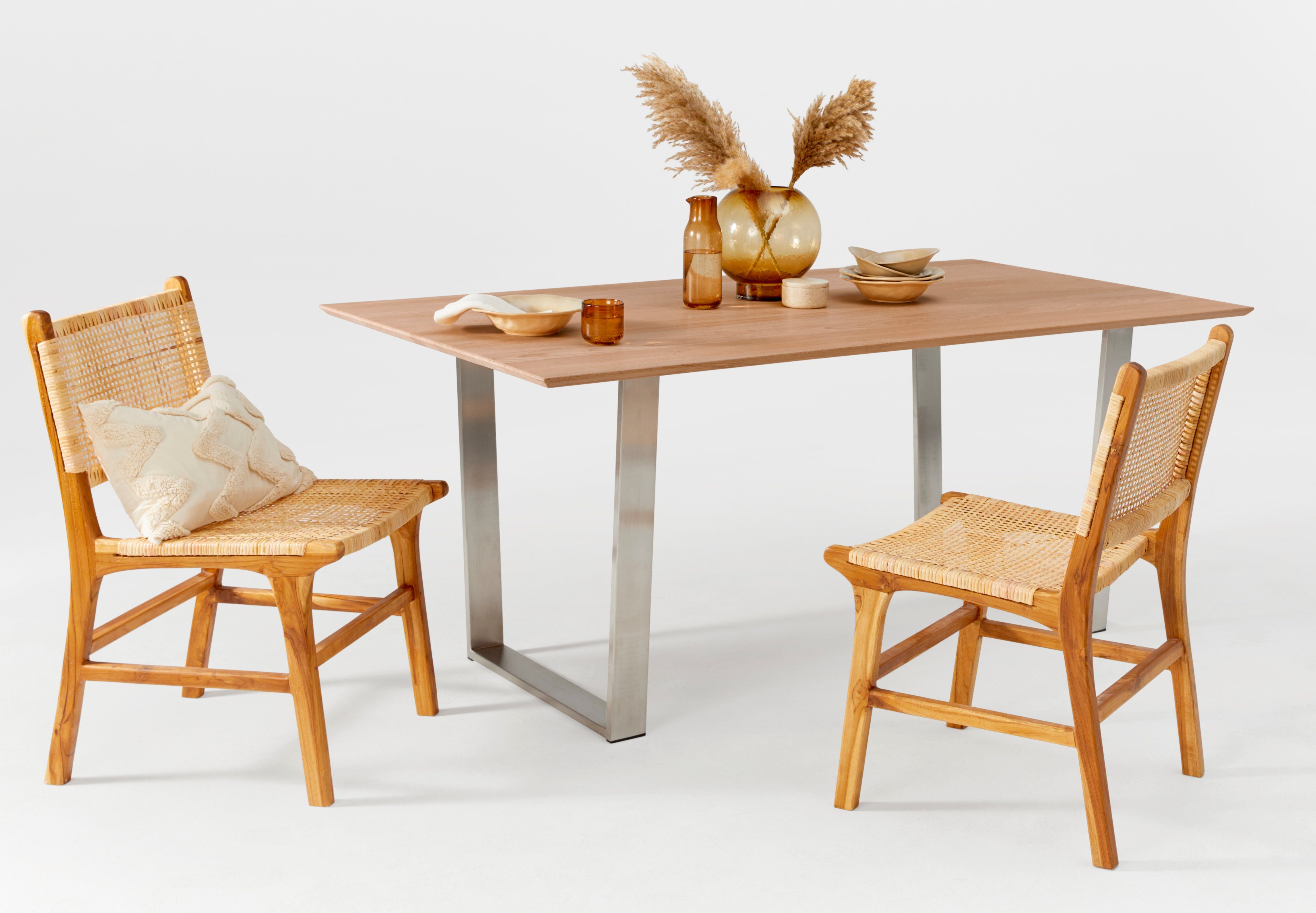 TaBoLe Мебель Esstisch Tamino, 180x100 cm, Tischplatte Kernbuche Schweizer Kante, Edelstahl-Gestell