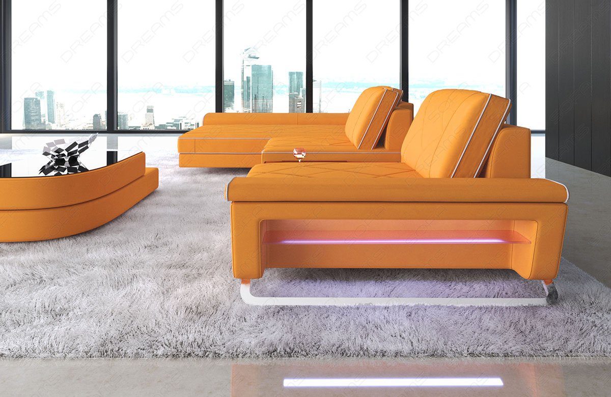Sofa Dreams Ecksofa Polstersofa Stoff Stauraum, L Bari C87 mit Apricot-Weiss Stauraum, Designersofa Couch USB_Anschluss, LED, Form Stoffsofa
