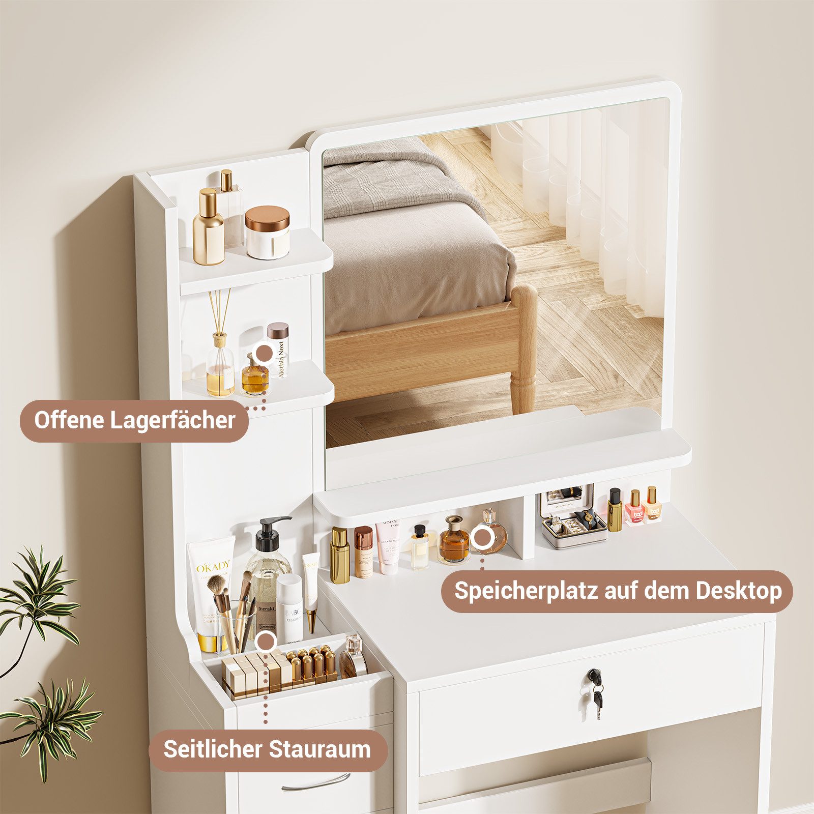 Dripex Schminktisch mit Spiegel, Hocker und Schubladen, Weiß, 87 x 38,3 x 1 günstig online kaufen