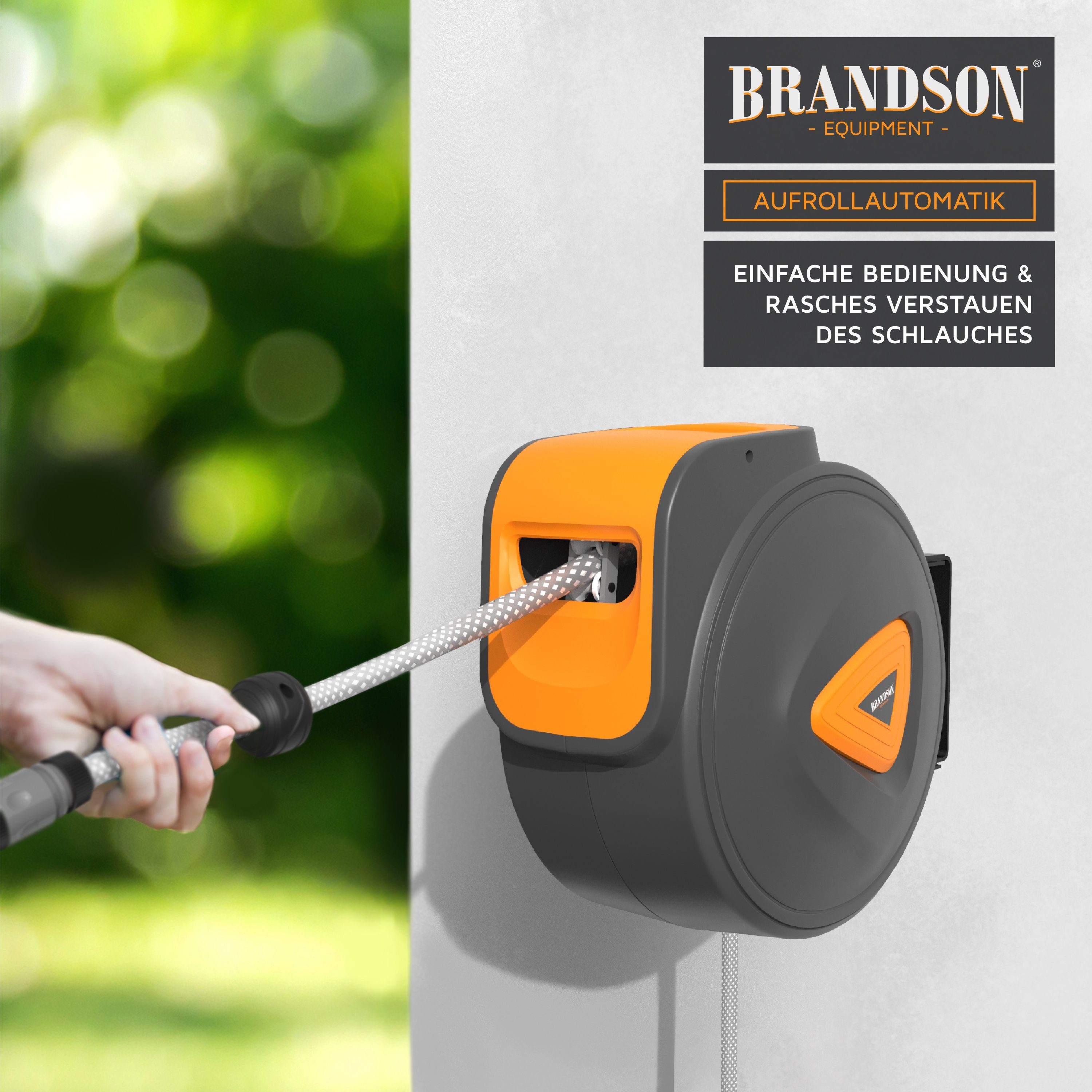 Brandson Wandschlauchbox Schlauchaufroller Wandbox, 30m, Wandbefestigung 180° schwenkbar, (Set, inkl. Spritzdüse, Wasserhahnanschluss), 30 m Schlauchtrommel, automatisch einziehbar, Wandbefestigung