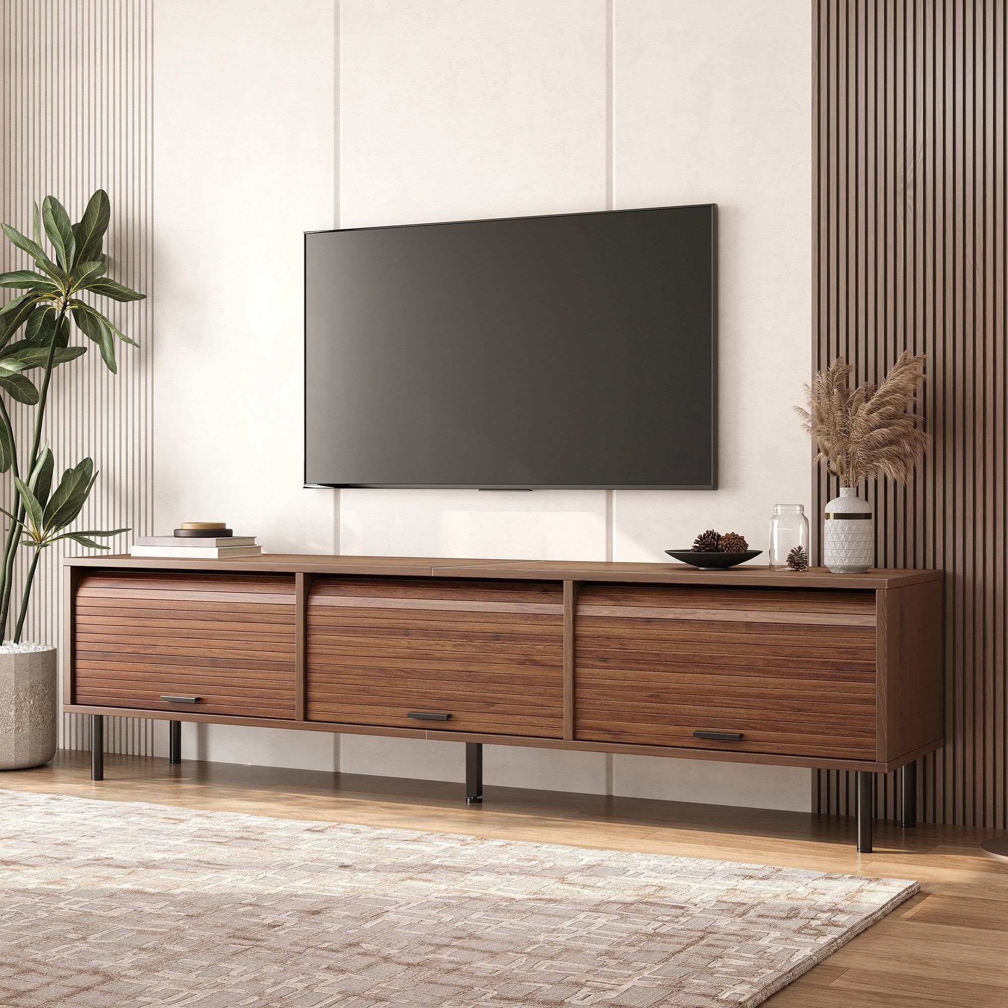 Yorbay TV-Schrank 180cm Lowboard mit 3 aufschiebbare Türen, Vintage vertikale Enprägung, Vintage Nussbaum Farbe, für Fernsehen bis 75 Zoll
