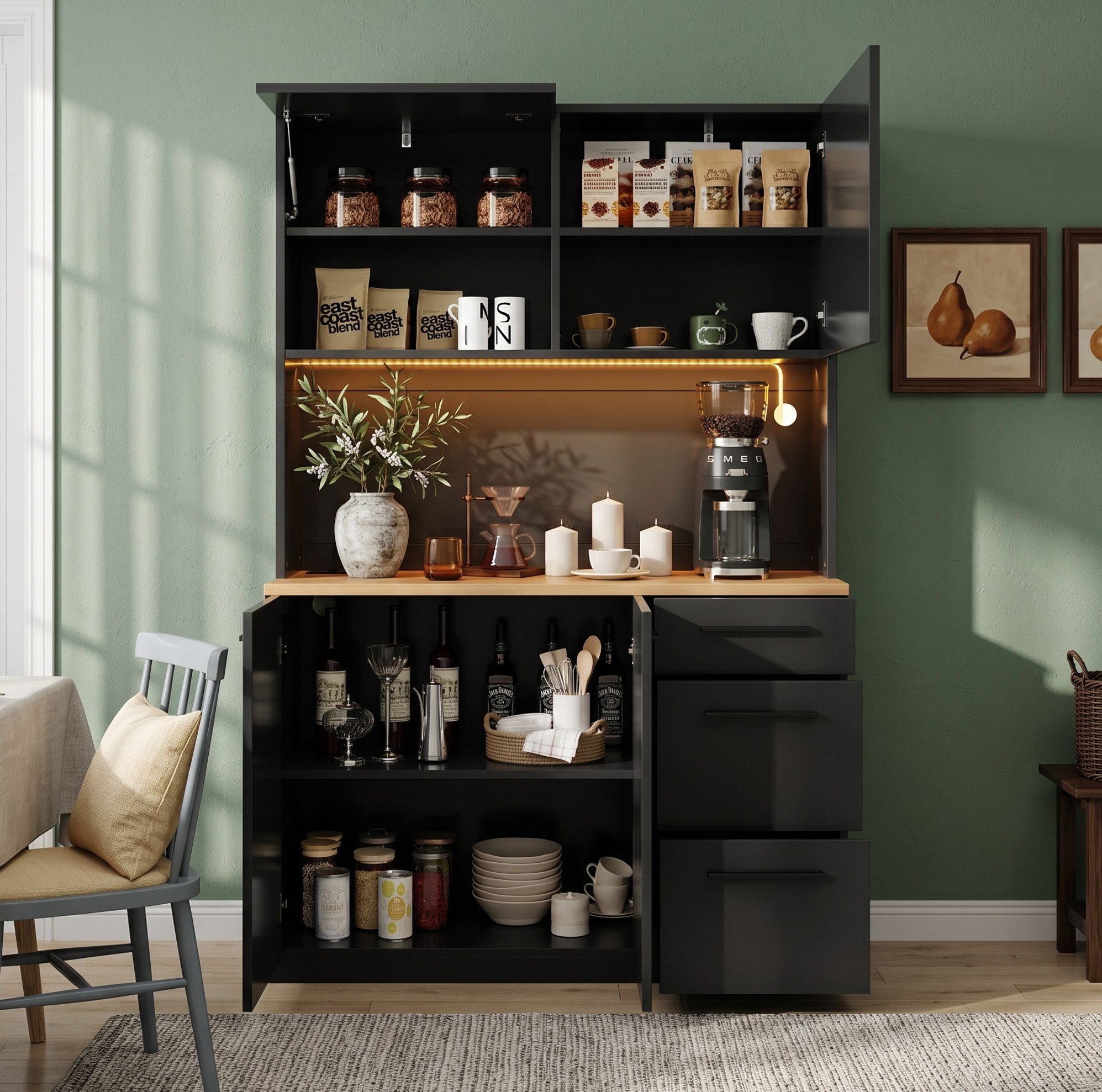REDOM Küchenbuffet Moderner Stauraumschrank mit farbigem LED-Lichtstreifen (Packung, 1-St., Schwarz, 120×40×180 cm, für Küche & Esszimmer) integrierte Steckdose, USB-A/C, elegantes Design