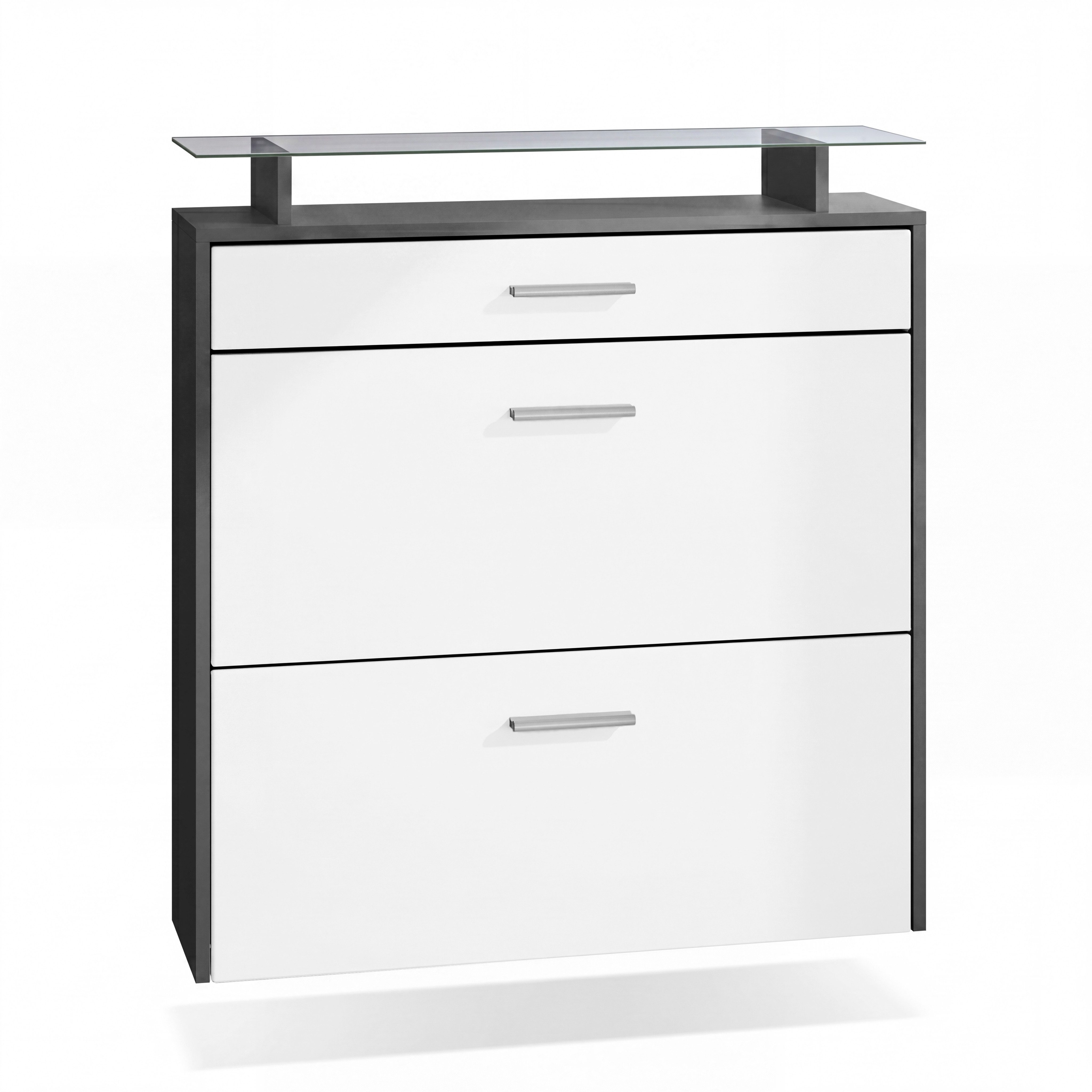 Vladon Schuhschrank Malea (hängender Schuhkipper für 16 Paar Schuhe, mit 2 Klappen und 1 Schublade und Glasablage) Anthrazit matt/Weiß matt (89 x 96 x 23 cm)