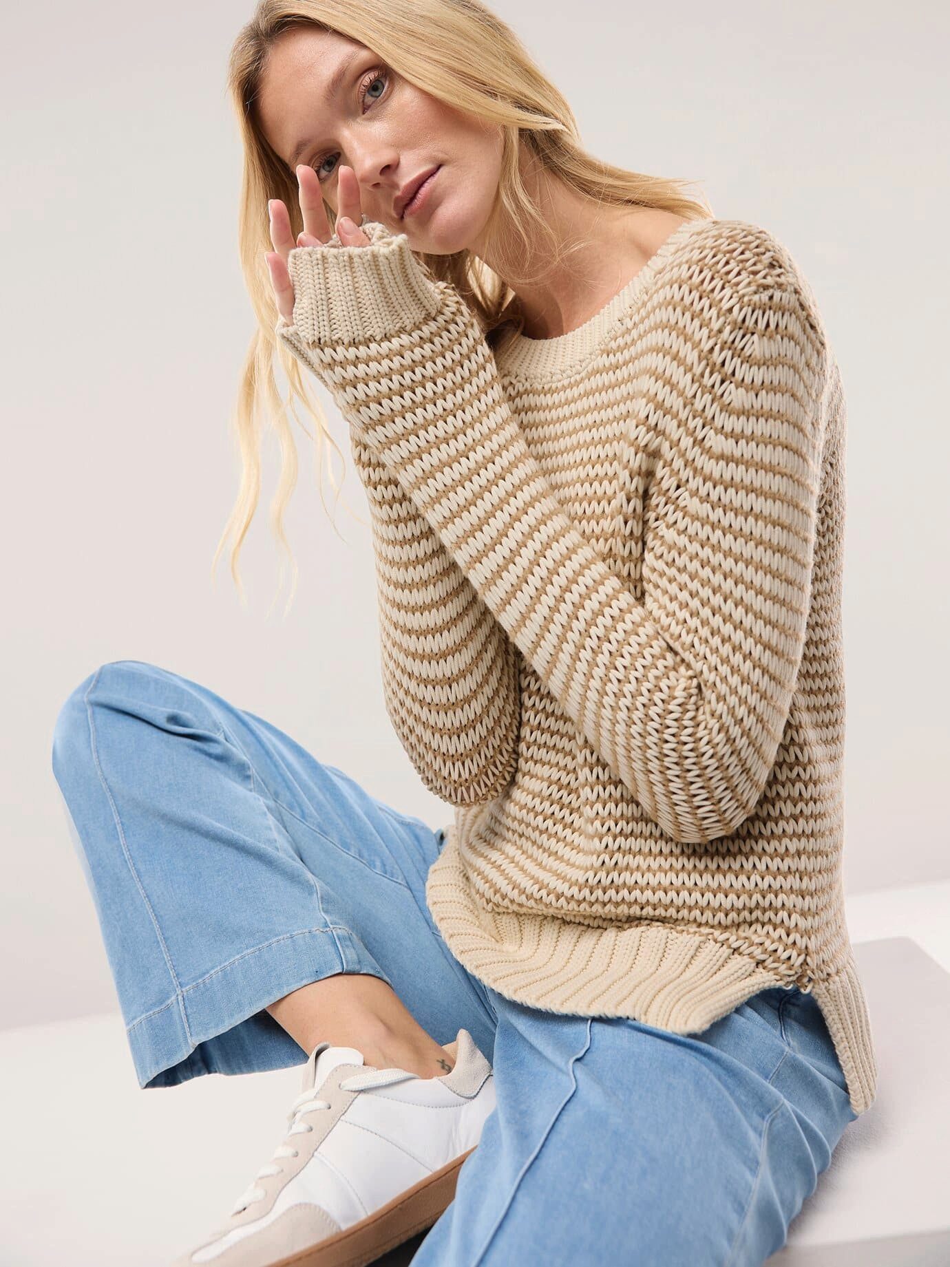Walbusch Rundhalspullover Damen Pullover mit dezentem Streifen Rundhals Langarm, modern