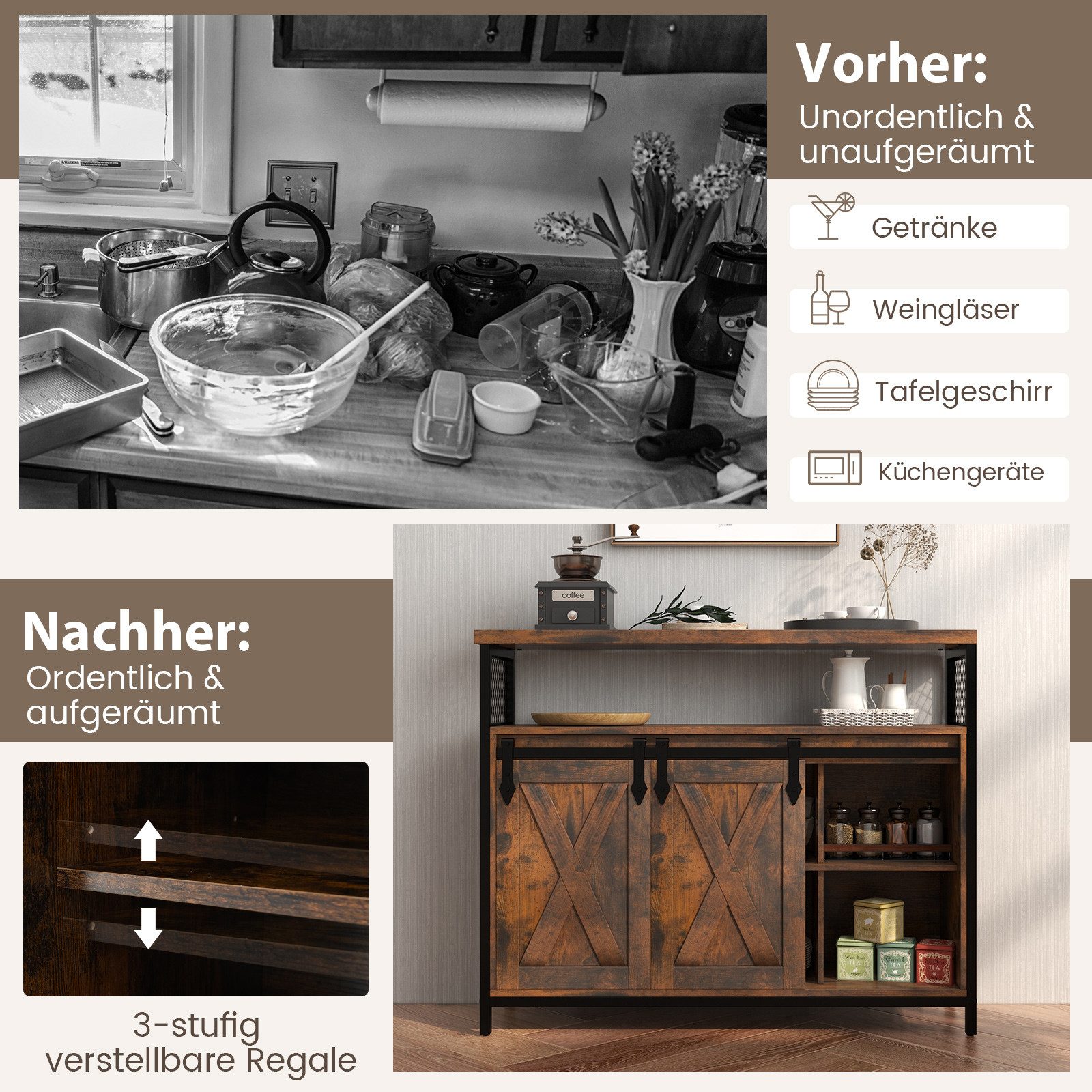 COSTWAY Sideboard, Schrank mit 2 Schiebetüren, Fächern, verstellbaren Ablagen