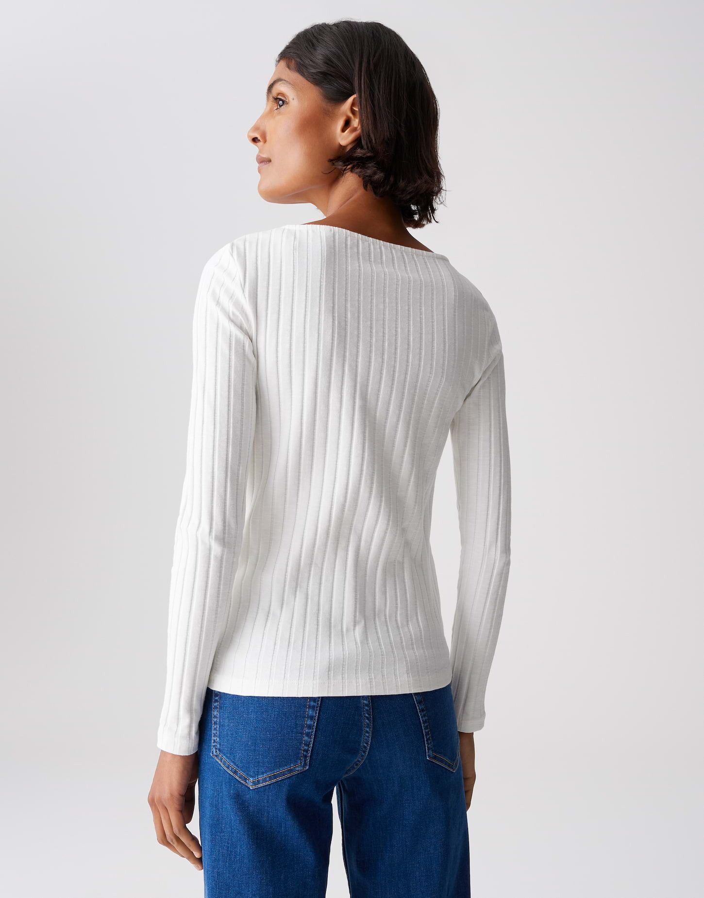 OPUS Langarmshirt SOVKE aus Baumwoll Mix figurbetont geschnitten, U-Boot-Ausschnitt, Rippstruktur