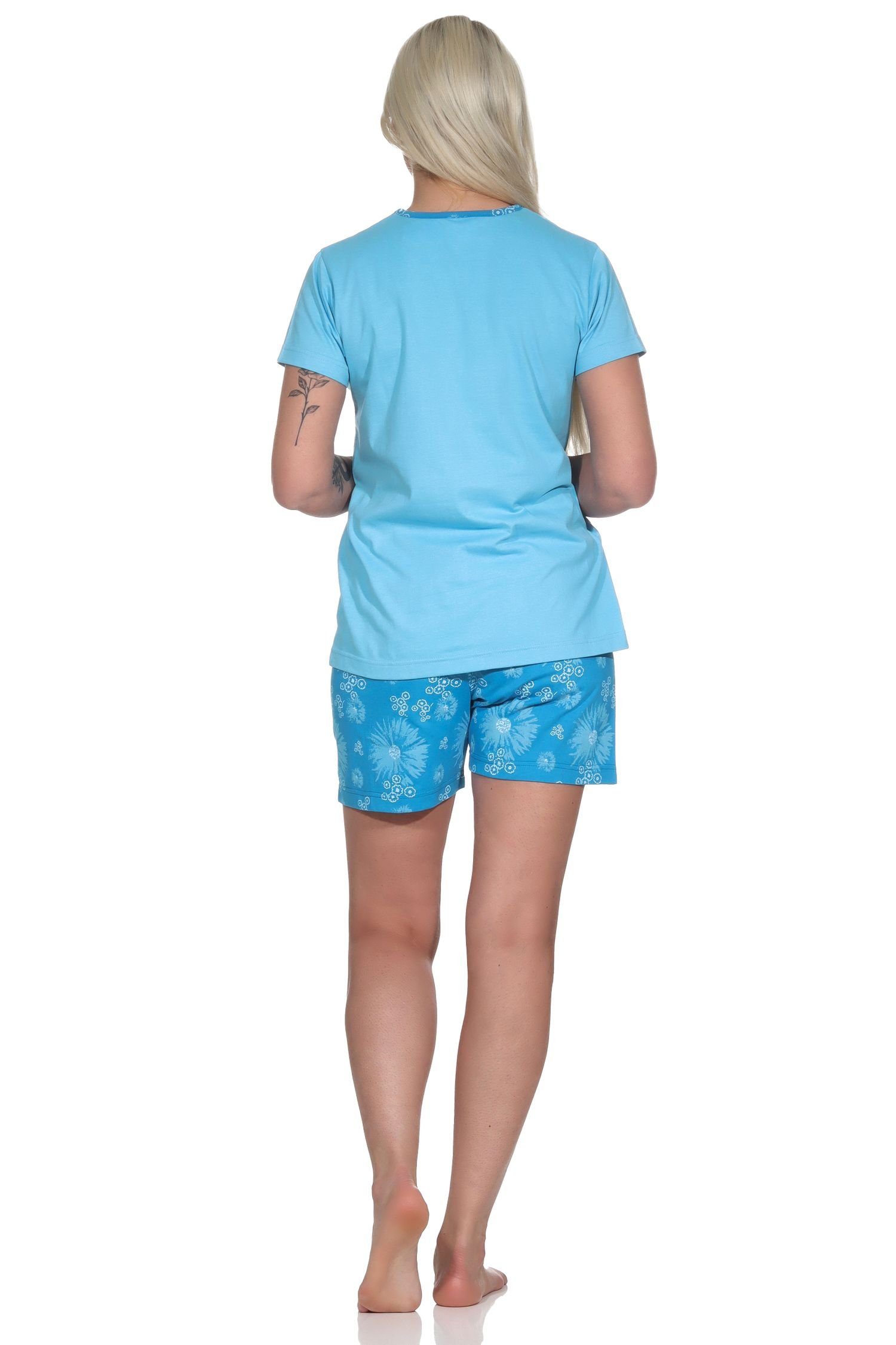 Floraler Pyjama Normann hellblau Shorty kurz Schriftzug Schlafanzug mit Damen