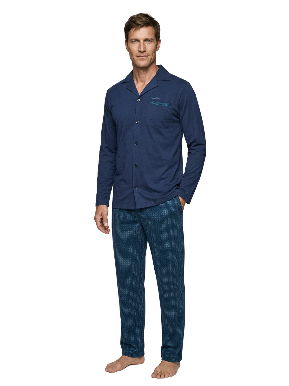Henry Terre Pyjama Kent langarm - Hose dezenter Print Shirt uni Hemdkragen durchgeknöpft – Bild 2 von 5