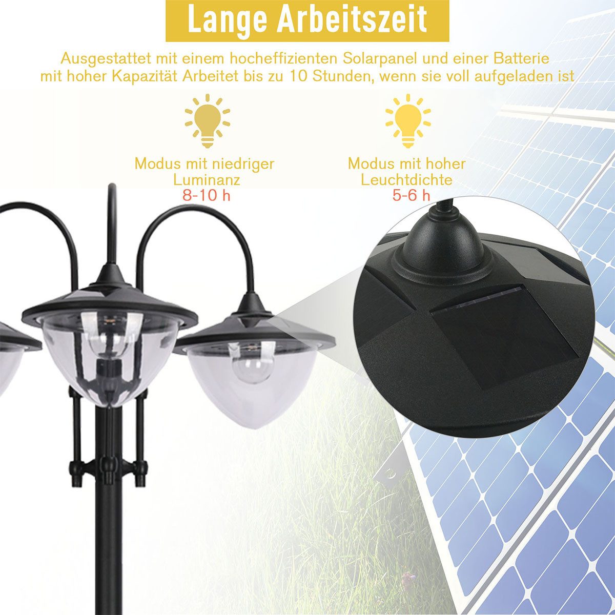 autolock LED Laterne LED Solar Gartenlaterne mit Blumentopf-Basis Stehleuchte, Solarlampe für Garten Balkon Deko 60x55x189cm Schwarz 
