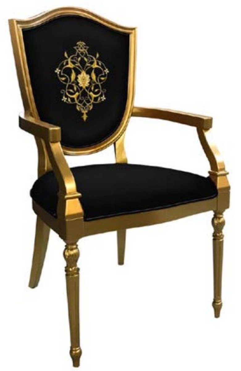 Casa Padrino Esszimmerstuhl Art Deco Esszimmerstuhl Schwarz / Gold - Massivholz Stuhl mit Armlehnen und elegantem Muster - Art Deco Esszimmer Möbel