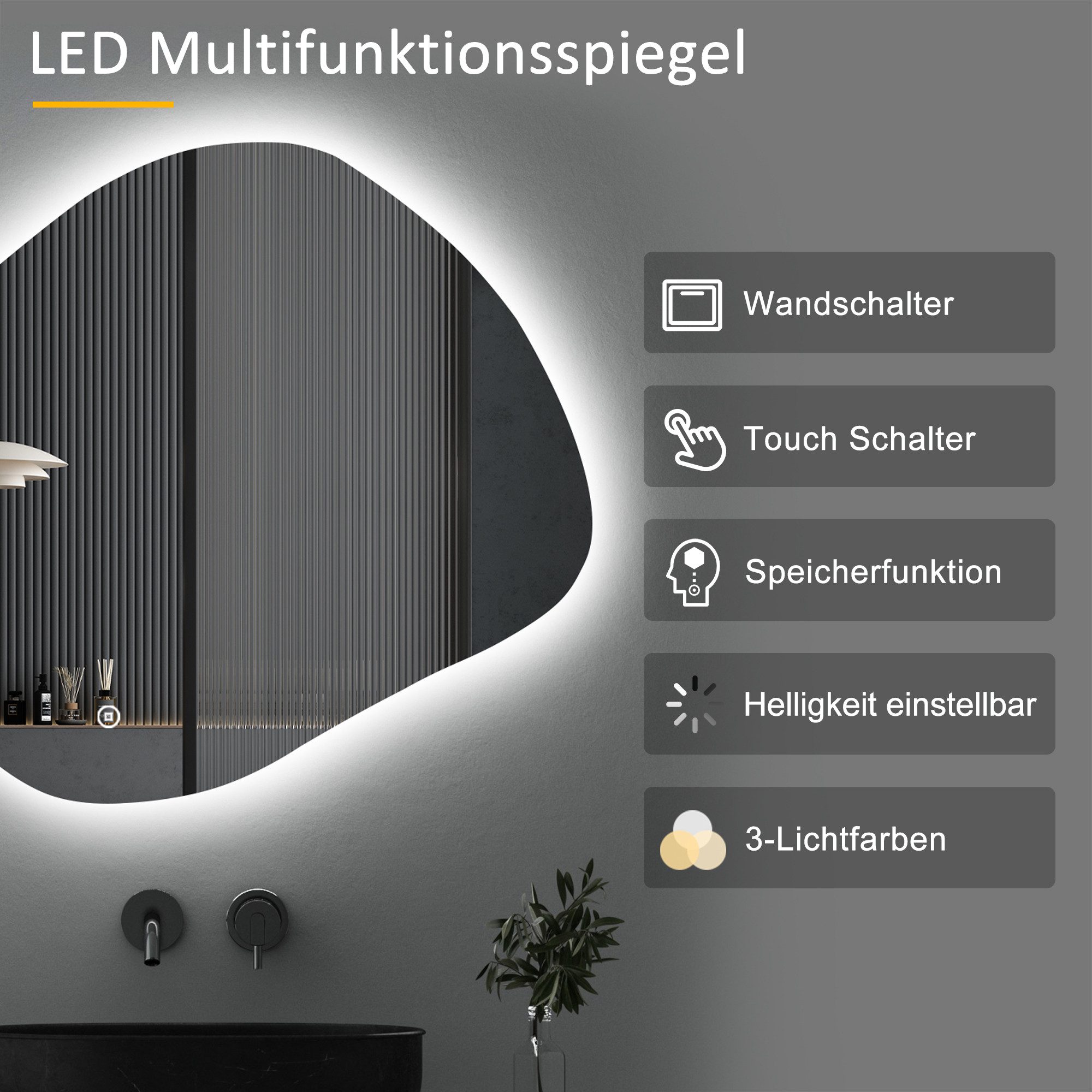 WDWRITTI Badspiegel LED Spiegel Badspiegel mit Beleuchtung Modern Dreifarbiges Dimmbar (Dekospiegel Asymmetrisch Spiegel, 84x74cm), Energiesparend, IP44