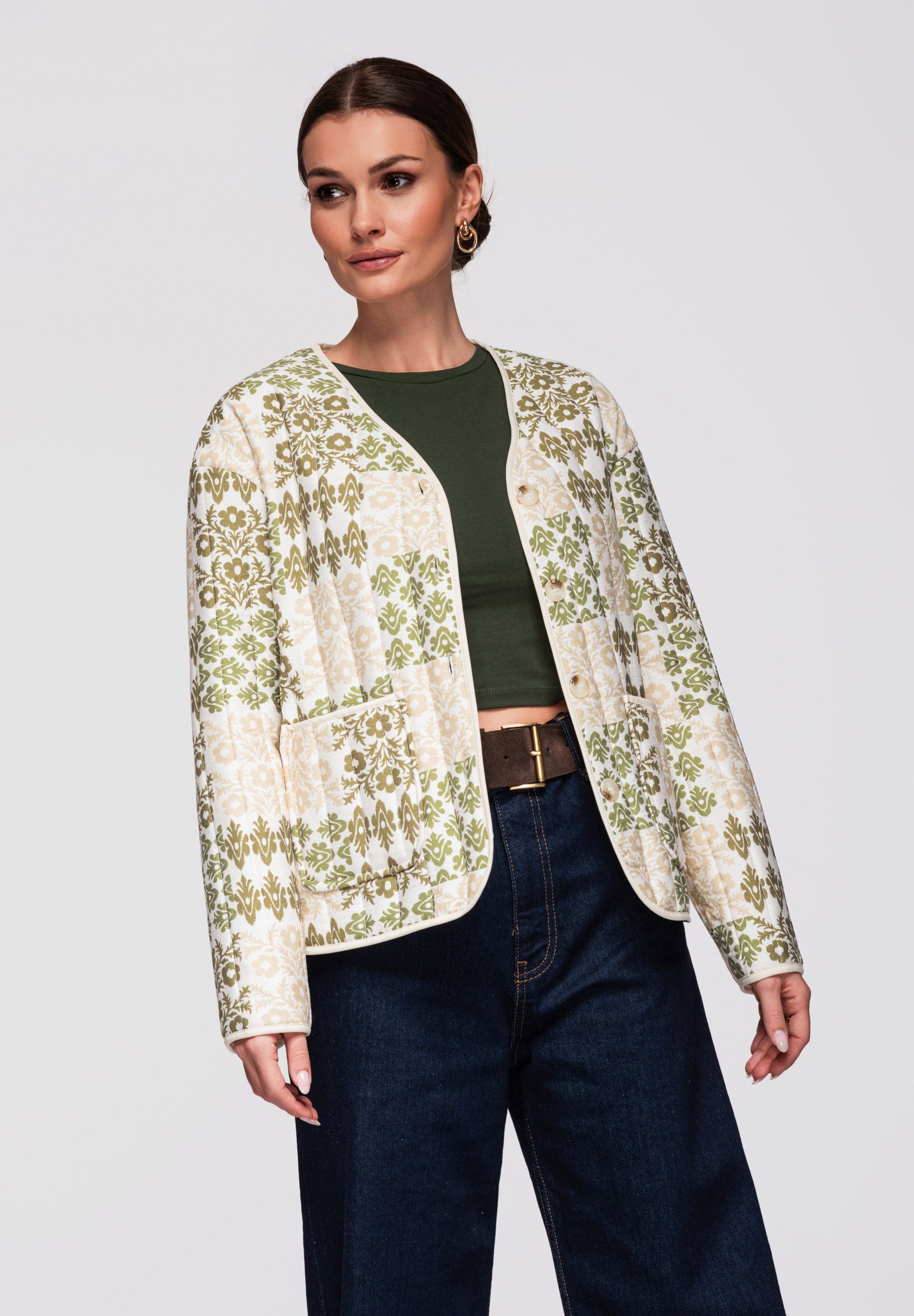 OMBRE Bomberjacke Damen Jacquard Jacke Loose Fit V-Ausschnitt Beige/khaki M (kein Set, 1-St) Jacquard-Muster