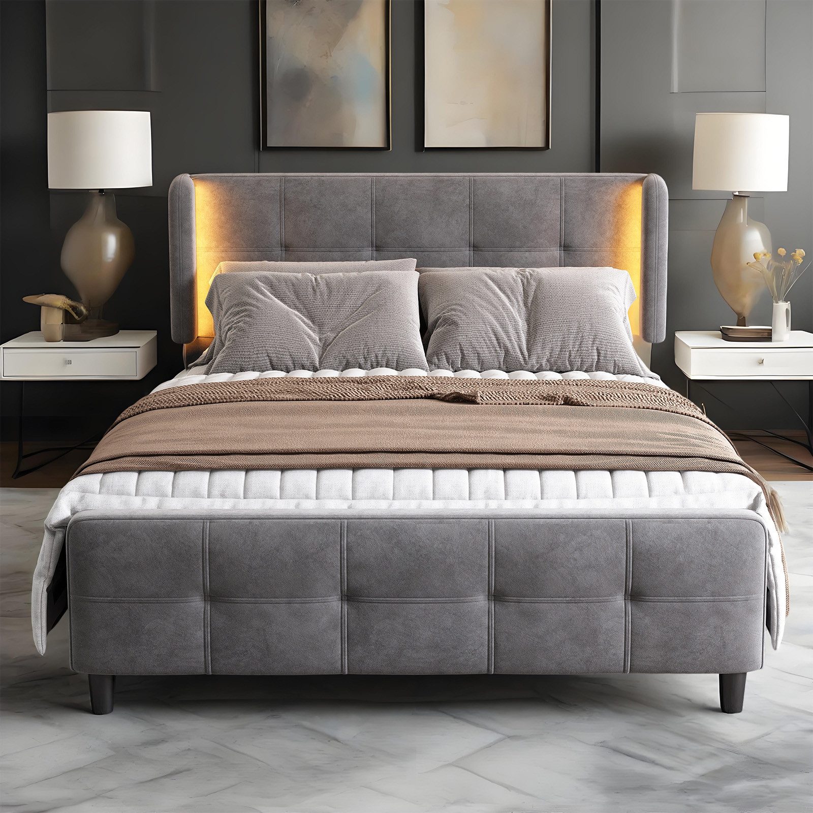 MODFU Polsterbett Funktionsbett mit 16-Farbiger LED-Beleuchtung, Verstellbarem Kopfteil (Doppelbett, Gesteppte Kopf- und Fußteil, Samtbezug, Stabiler Lattenrost, 140x200cm), Ohne Matratze