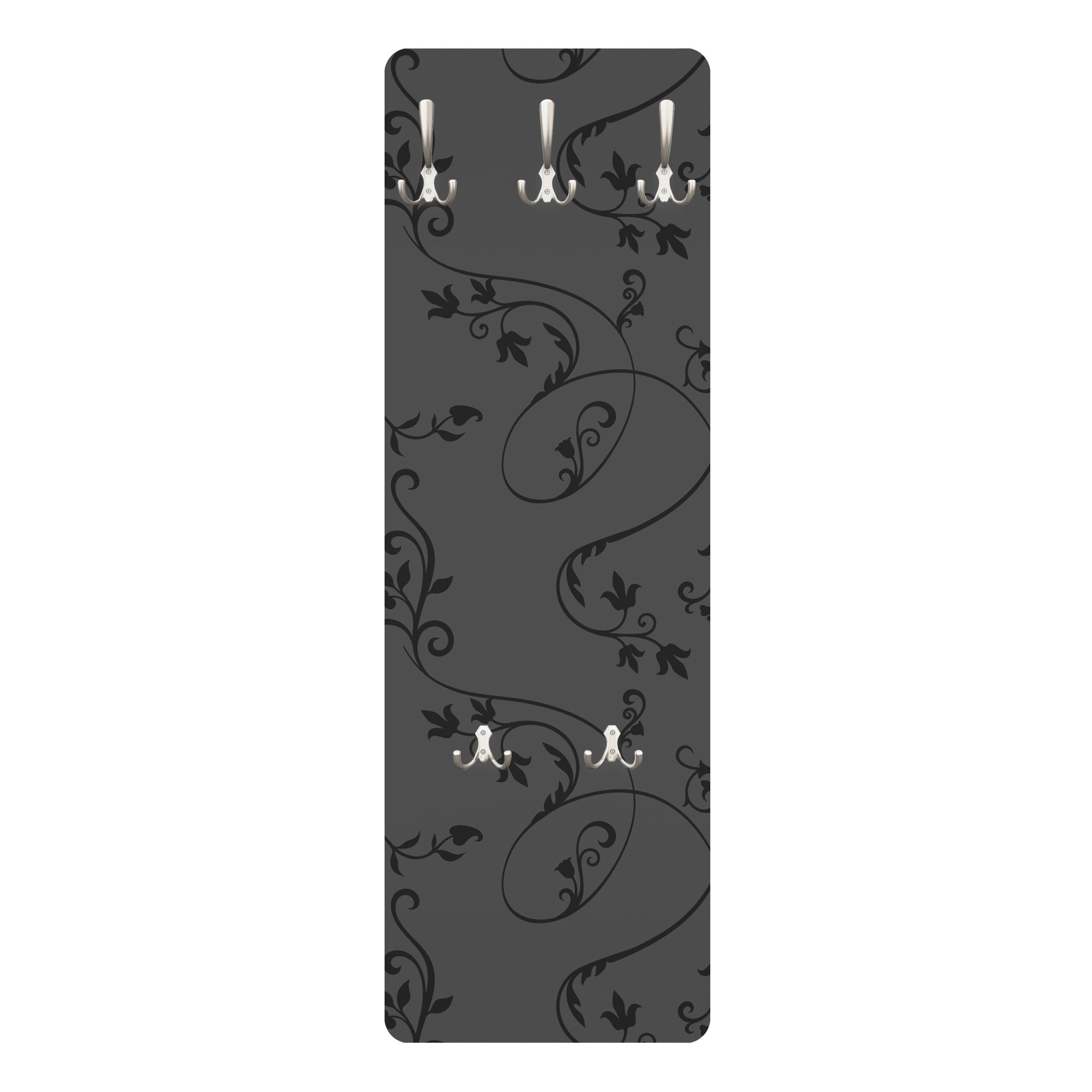 Bilderdepot24 Garderobenpaneel Design Blumen Floral Muster No.TA104 Efeuranken Dunkelgrau-Schwarz (ausgefallenes Flur Wandpaneel mit Garderobenhaken Kleiderhaken hängend), moderne Wandgarderobe - Flurgarderobe im schmalen Hakenpaneel Design