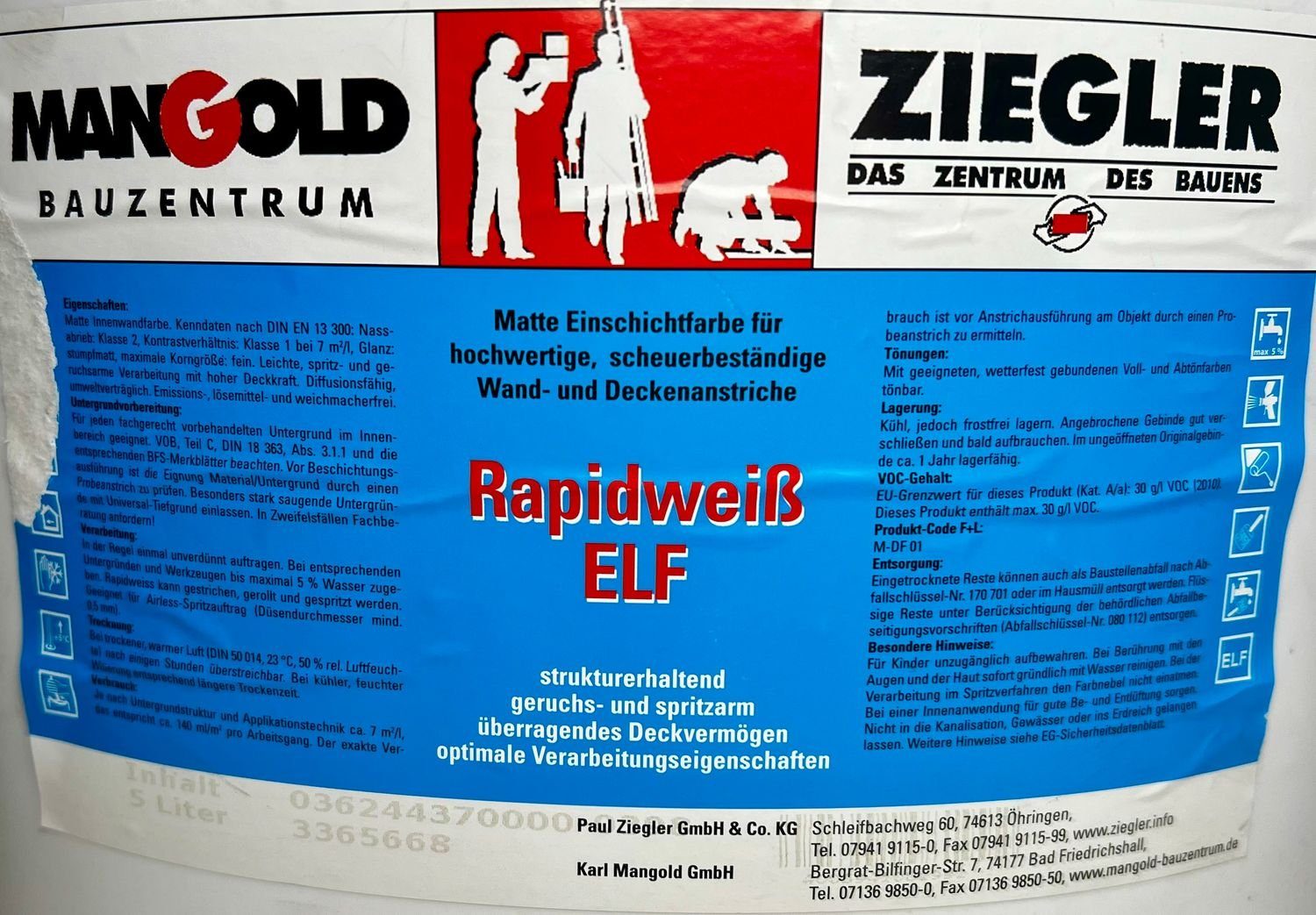 Deckenbeschichtung Innenfarbe und l Weiß Wandanstrich 5 Mangold Mangold Abtönfarbe Vollton- Rapidweiß