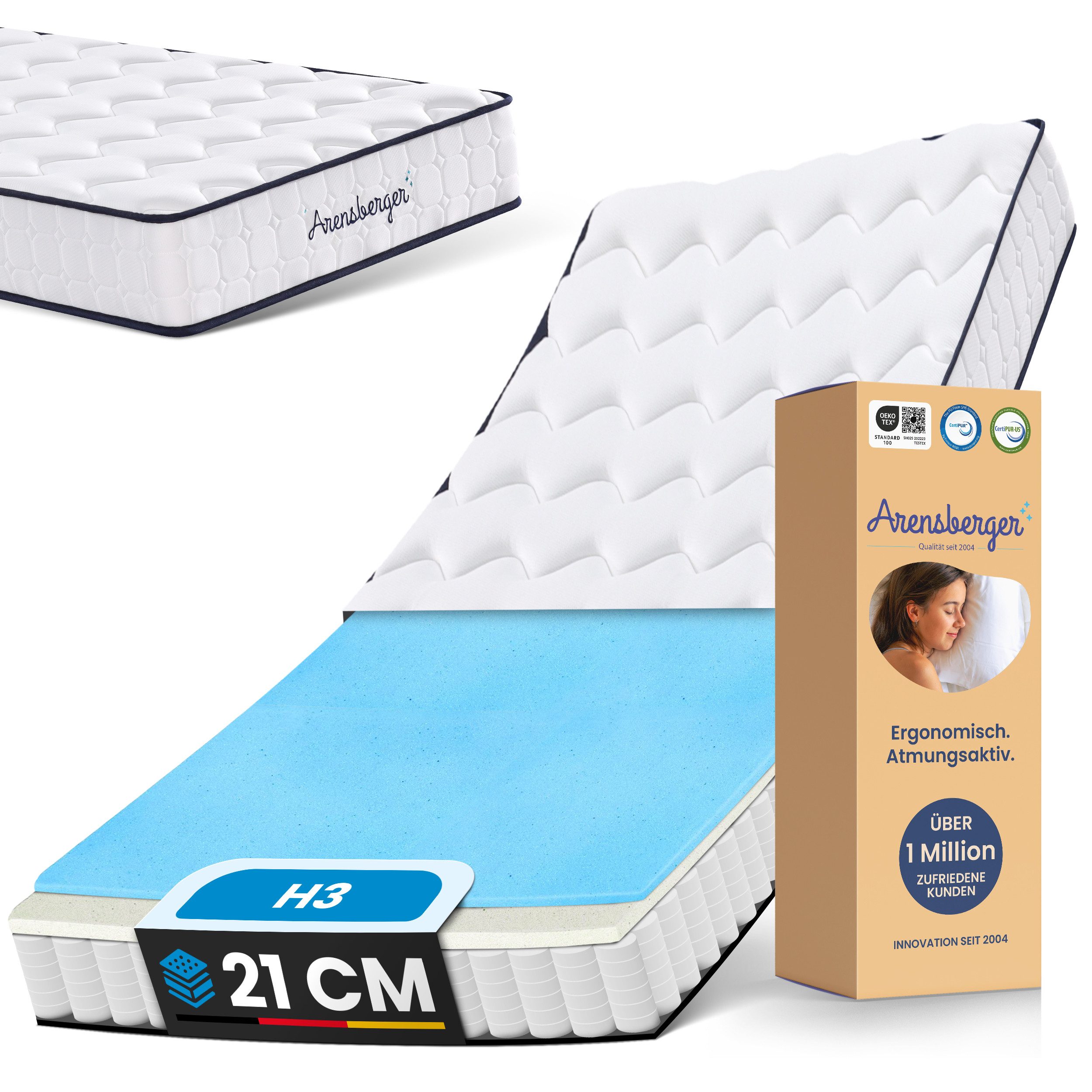 Taschenfederkernmatratze LENA Federkernmatratze mit Memoryschaum Härtegrad H3, Arensberger, 21 cm hoch, (140x200 cm Höhe 21cm), HR Taschenfederkern Matratze Rollmatratze ergonomisch
