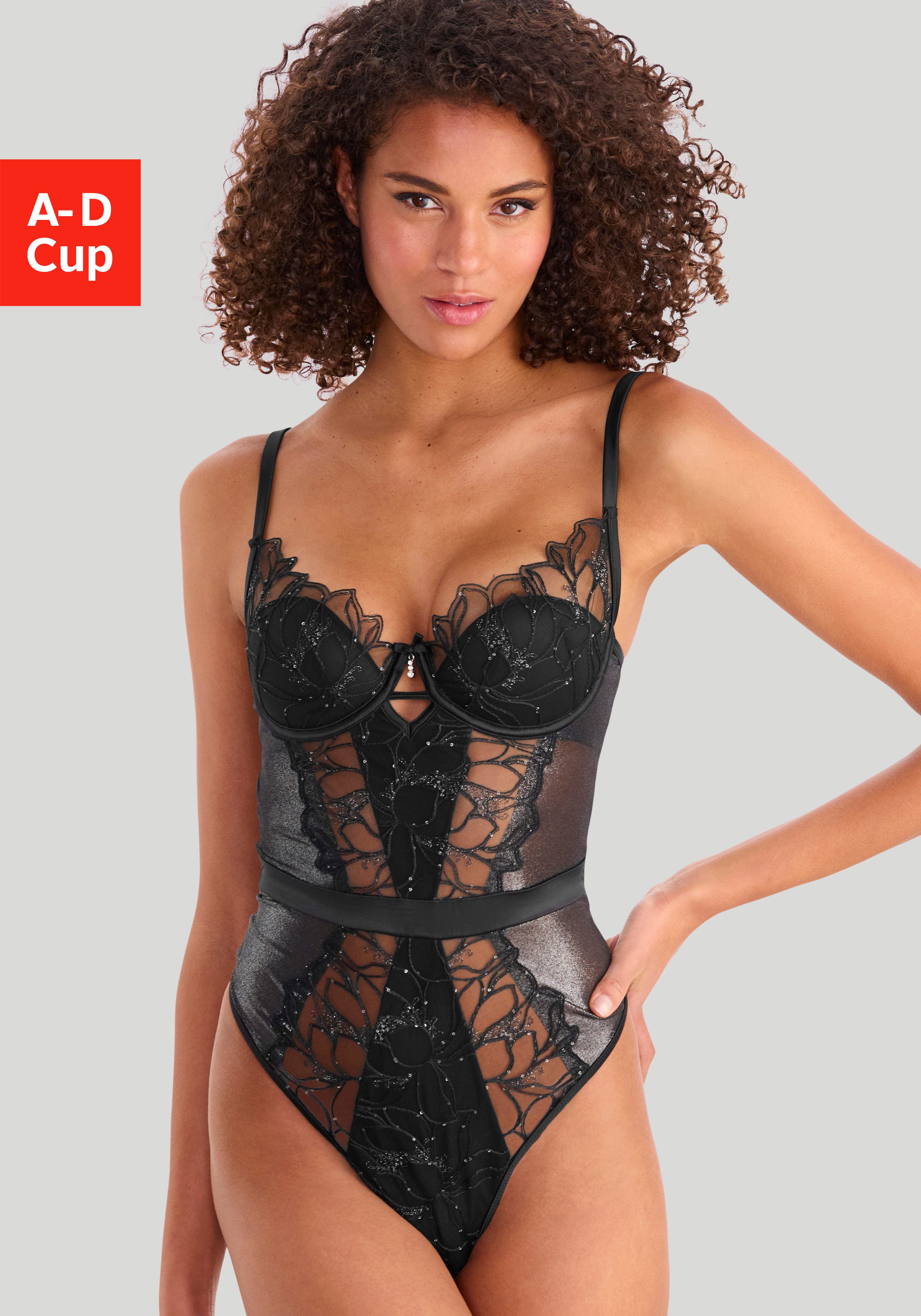 LASCANA Stringbody aus edler Spitze und schimmerndem Soft-Mesh, sexy Dessous