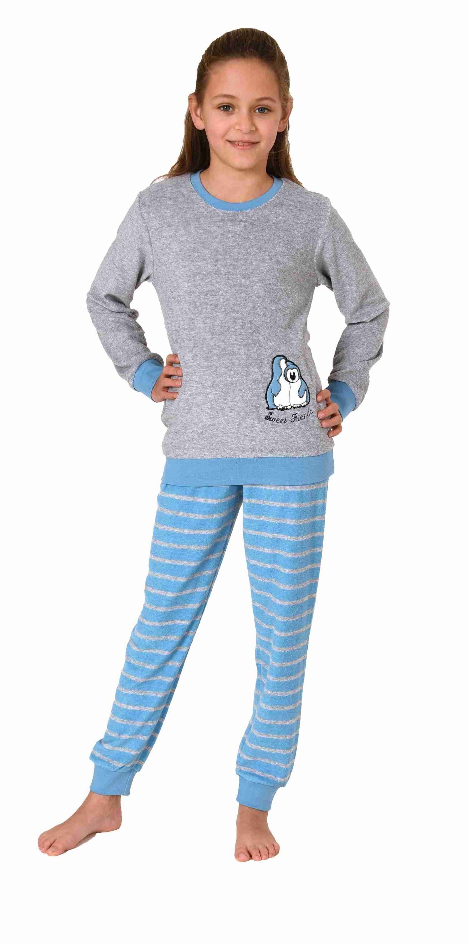Normann Pyjama Schlafanzug und blau mit Bündchen Pinguin-Stickerei Frottee Mädchen