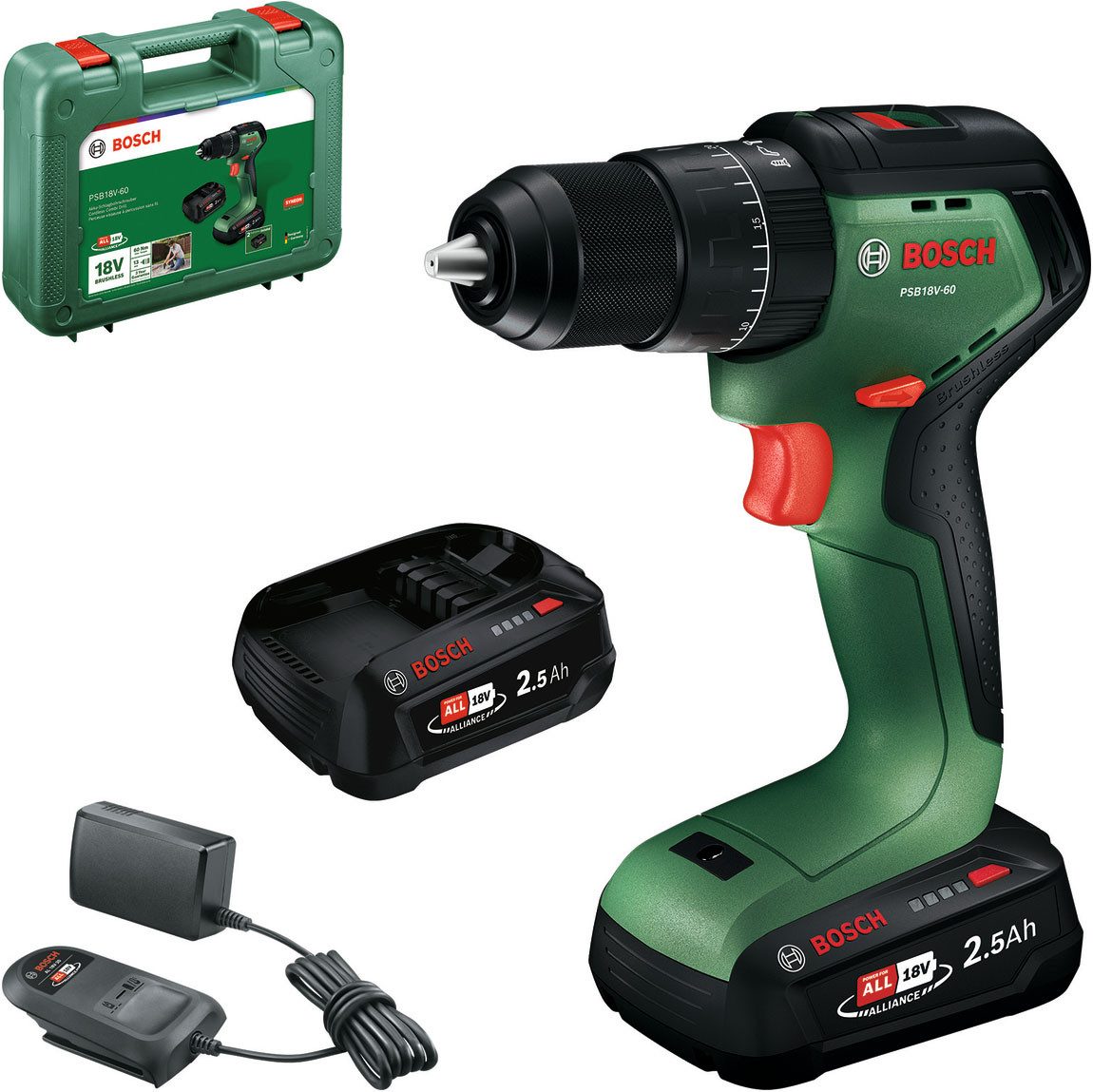 Bosch Home & Garden Akku-Schlagbohrschrauber SB18V-60, 1x Akku PBA 18V 2.5Ah in Koffer, (Set, Vielseitig, langlebig und kompakt. Ideal für deine Heimwerkerprojekte), Inkl. Akku und Ladegerät
