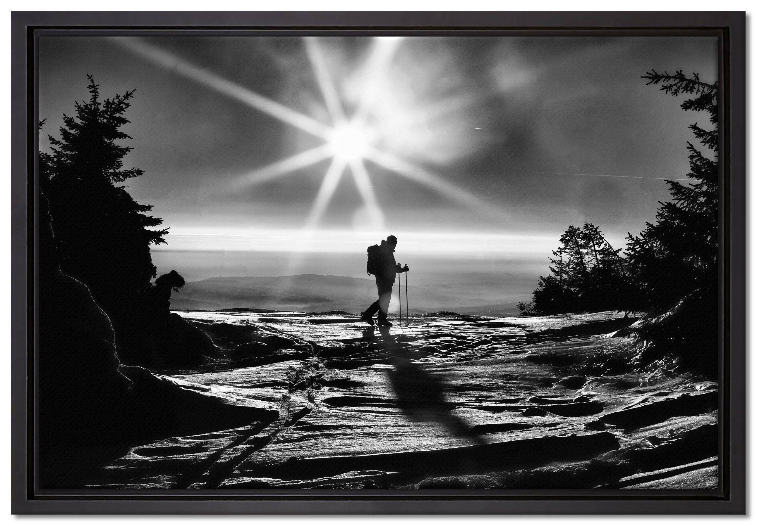 Pixxprint Leinwandbild Wintersport Sonnenuntergang Ski, Wanddekoration (1 St), Leinwandbild fertig bespannt, in einem Schattenfugen-Bilderrahmen gefasst, inkl. Zackenaufhänger