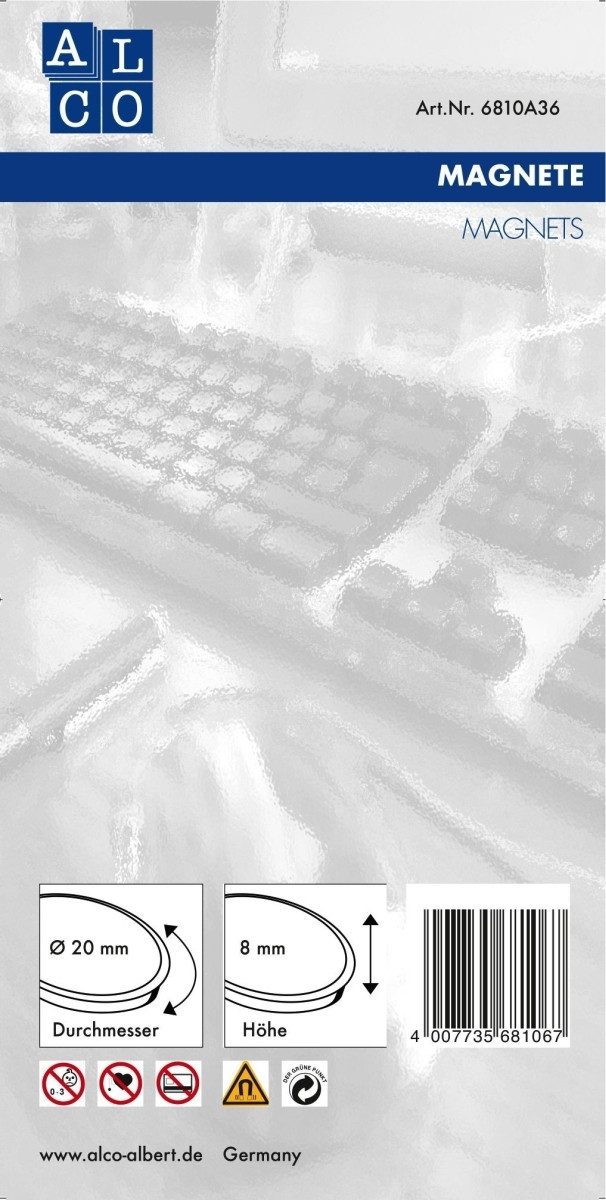 ALCO Magnet Haftmagnet Metall Kunststoff 20mm silber VE=10 Stück