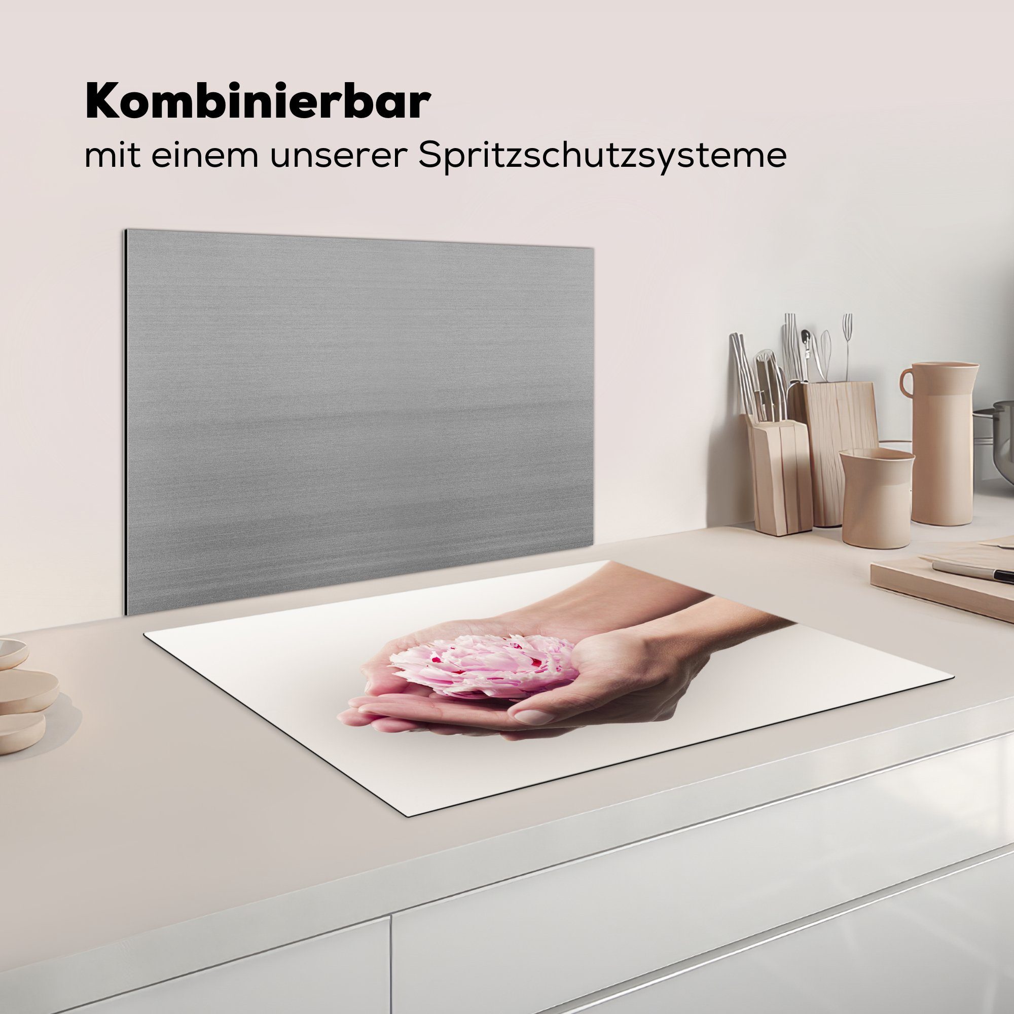 für Pfingstrose, Hände Ceranfeldabdeckung cm, Schutz Induktionskochfeld Herdblende-/Abdeckplatte tlg), MuchoWow die halten küche, Die (1 eine Vinyl, 71x52 rosa