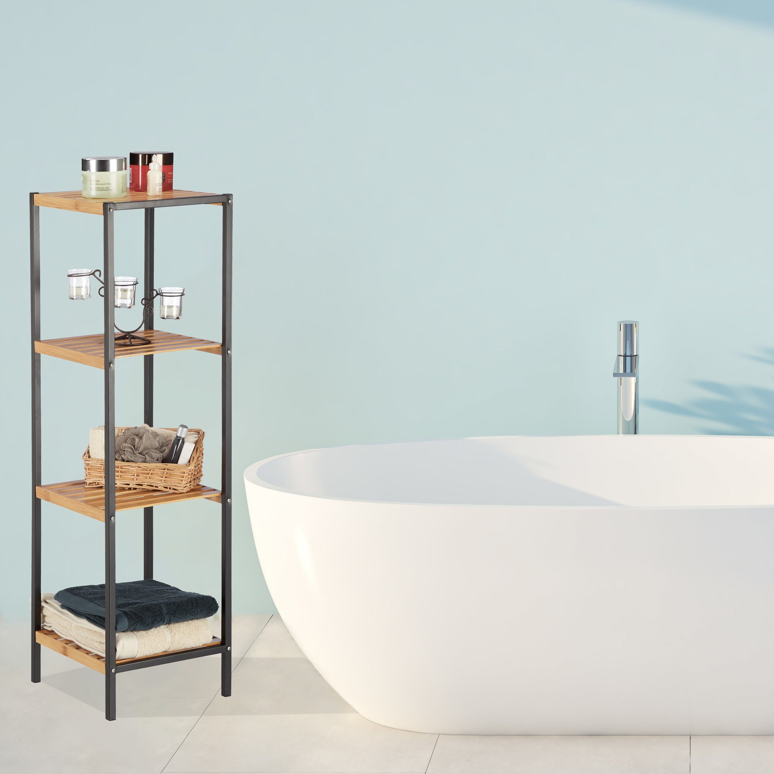 relaxdays Standregal Quadratisches Regal Bambus und Stahl, 4