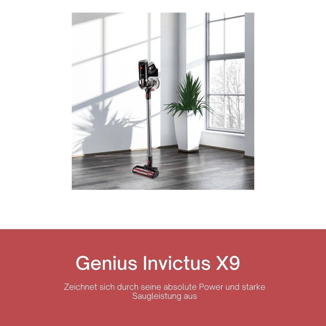 Genius Akku-Stielstaubsauger Genius Invictus X9 Akku-Handstaubsauger 23 tlg, Akku Staubsauger, 380 W, beutellos HEPA Filter, LED Ladestation freistehend UV Licht Bürste