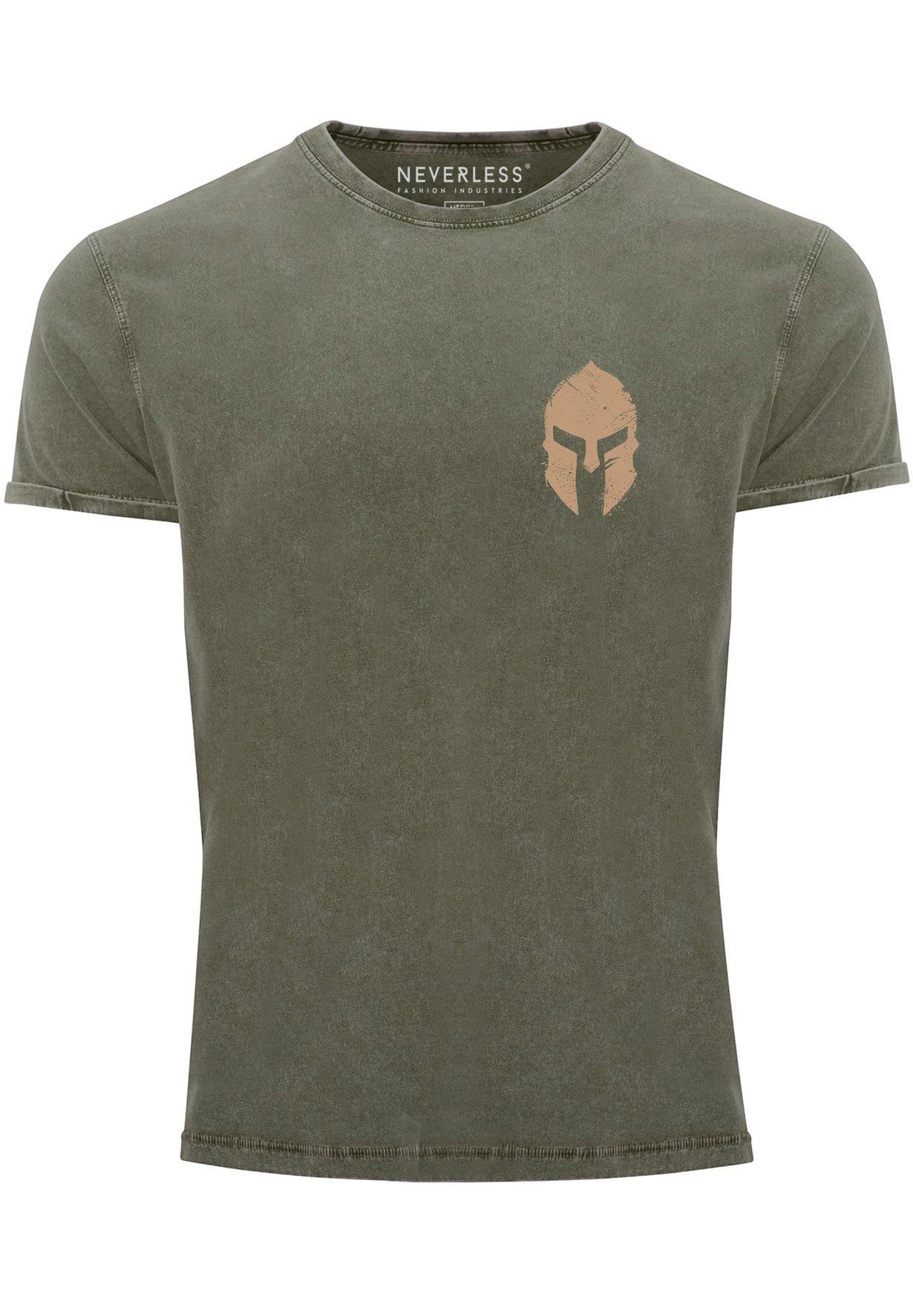 Neverless Print-Shirt Herren Kriege Logo Vintage Gladiator oliv Print mit Sparta-Helm Print Spartaner Shirt