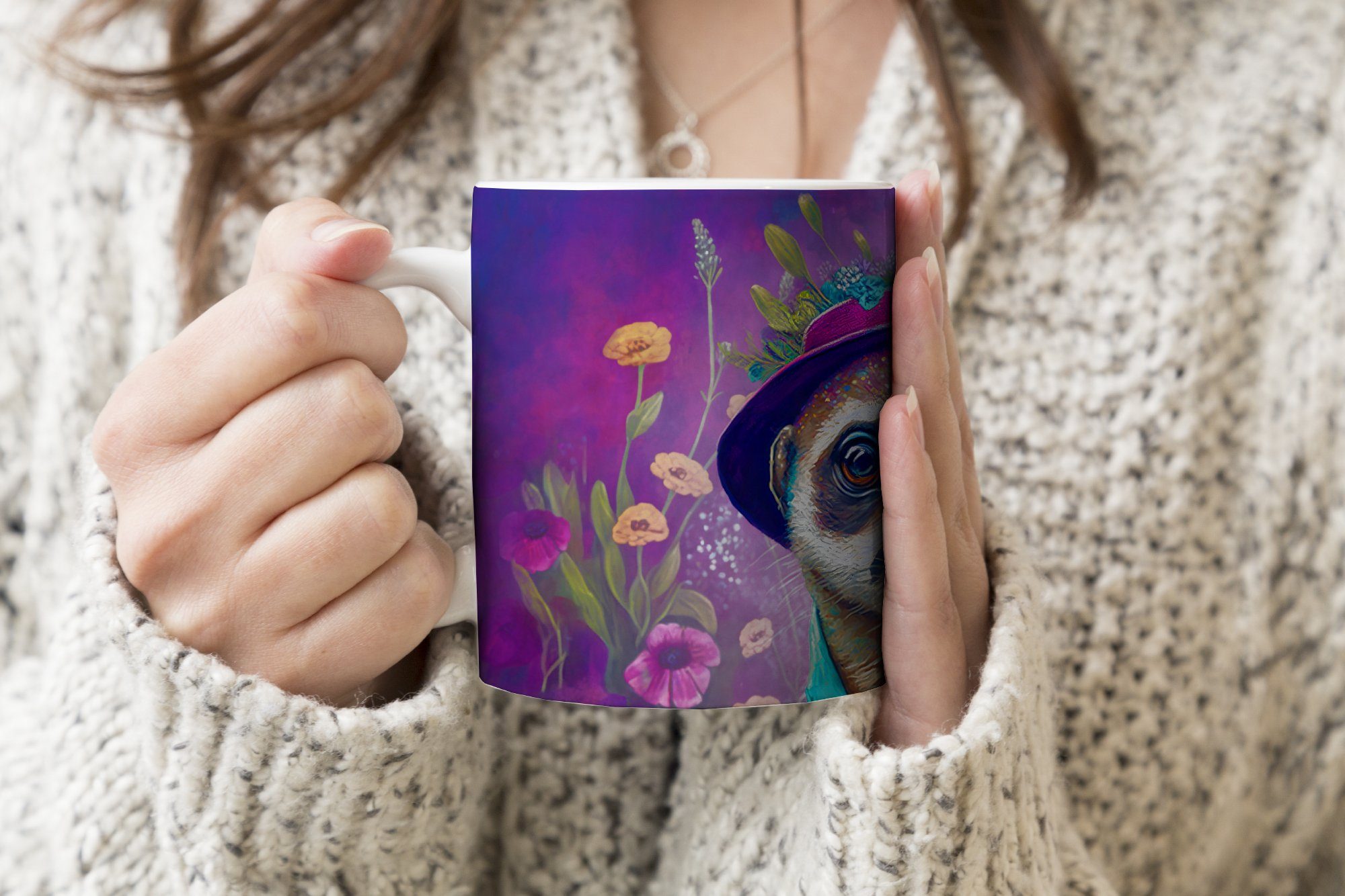 Tasse - - Geschenk Porträt Teetasse, Teetasse, - - - Lila MuchoWow Erdmännchen Blumen Becher, Erdmännchen, Farbe Keramik, Kaffeetassen,