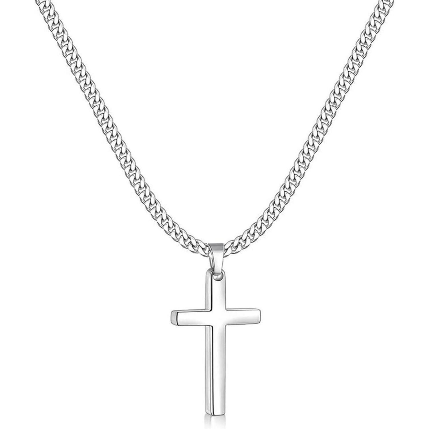 Kreuzkette Halskette Herren Edelstahl Kreuz Anhänger Silber Silber 28*15mm+50cm