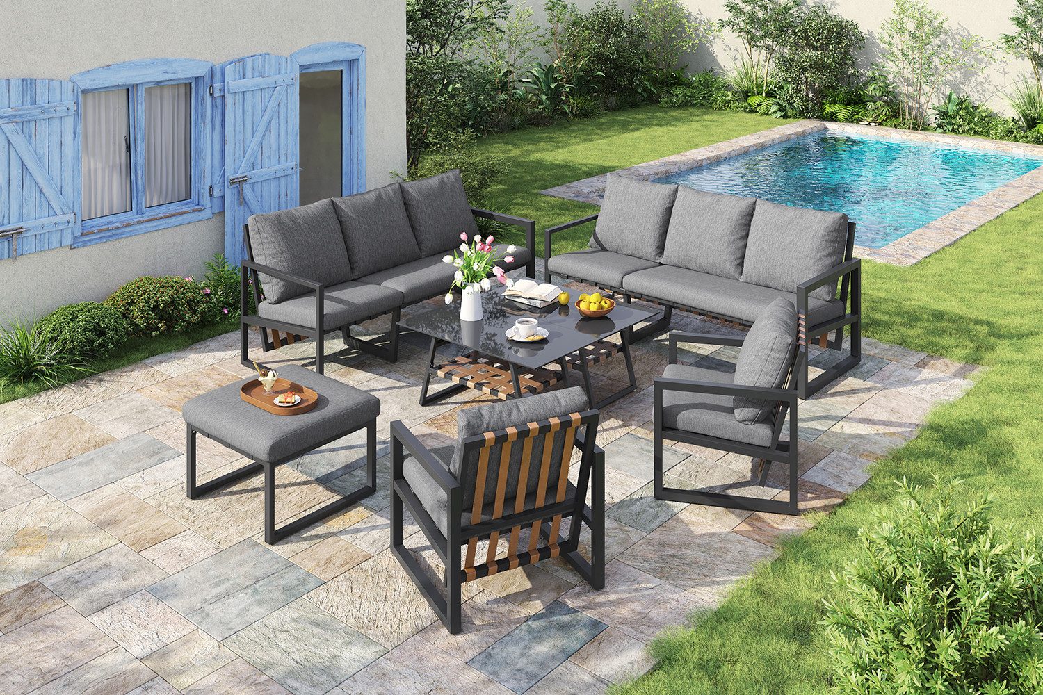 MODFU Gartenlounge-Set mit atmungsaktive Kissen, (Outdoor-Sofa-Set, günstig online kaufen