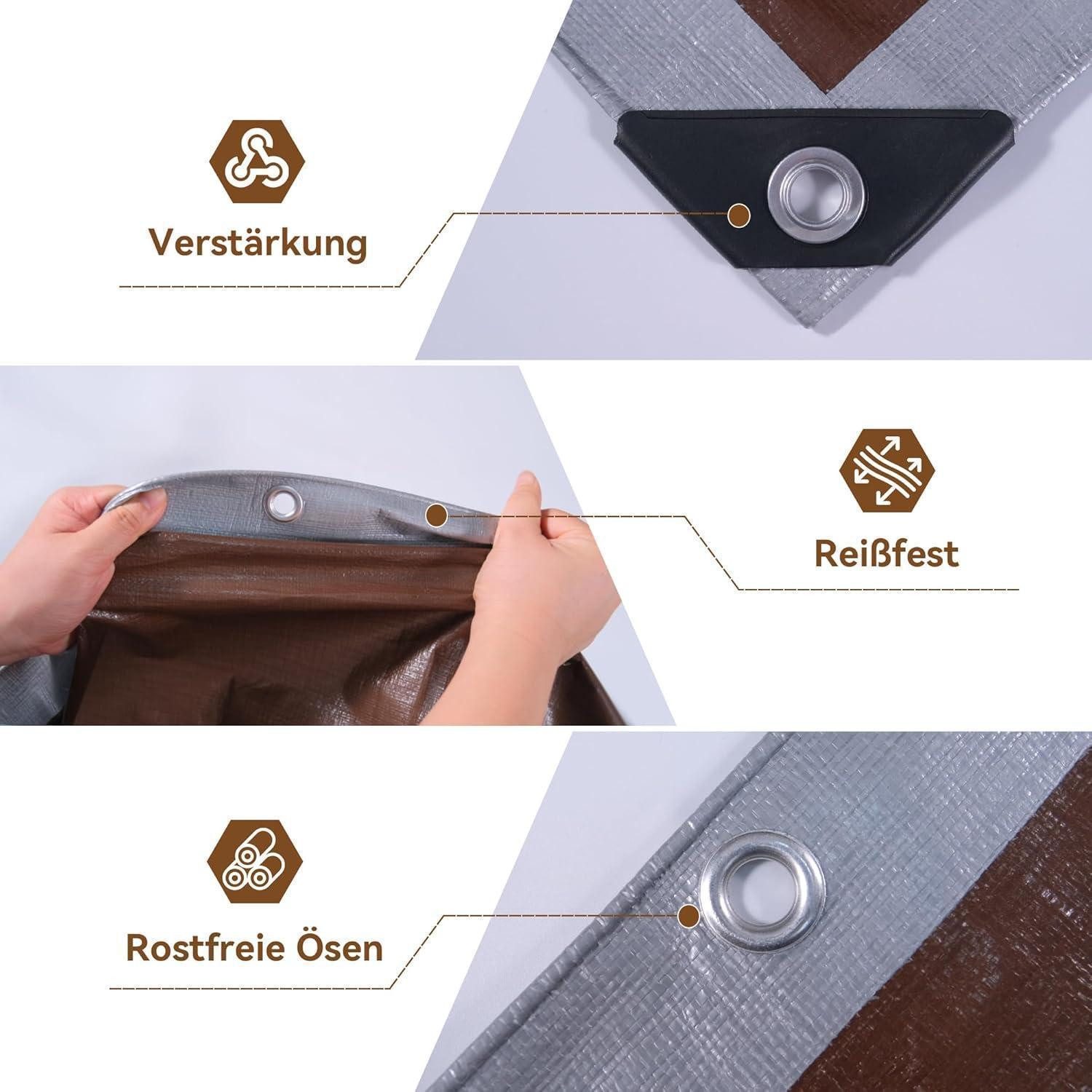 LuxusKollektion Schutzplane Abdeckplane Fertigmaß PE 150g wasserdicht Ösen UV Silber Braun 5m x 6m