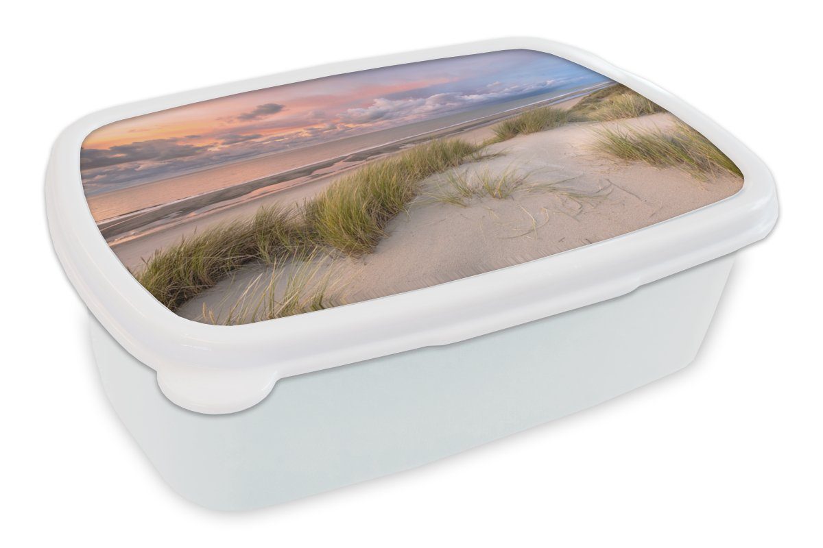 MuchoWow Lunchbox Strand - Meer - Dünen - Niederlande - Rosa, Kunststoff, (2-tlg), Brotbox für Kinder und Erwachsene, Brotdose, für Jungs und Mädchen weiß | Lunchboxen