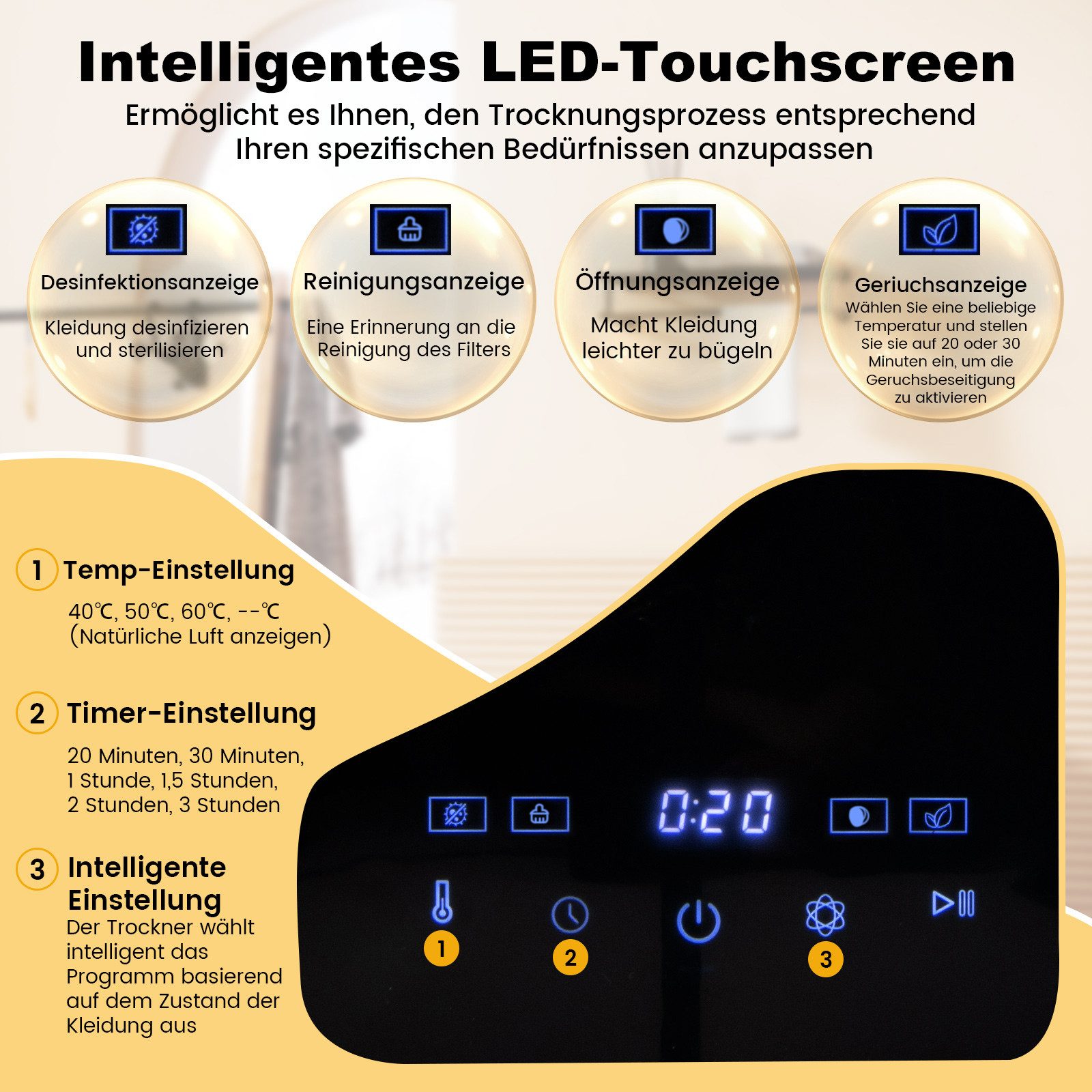 COSTWAY Ablufttrockner FP10757DE/GDZ40-188G, 800W, mit 4 Temperatur & 6 Timer, LED Touchscreen