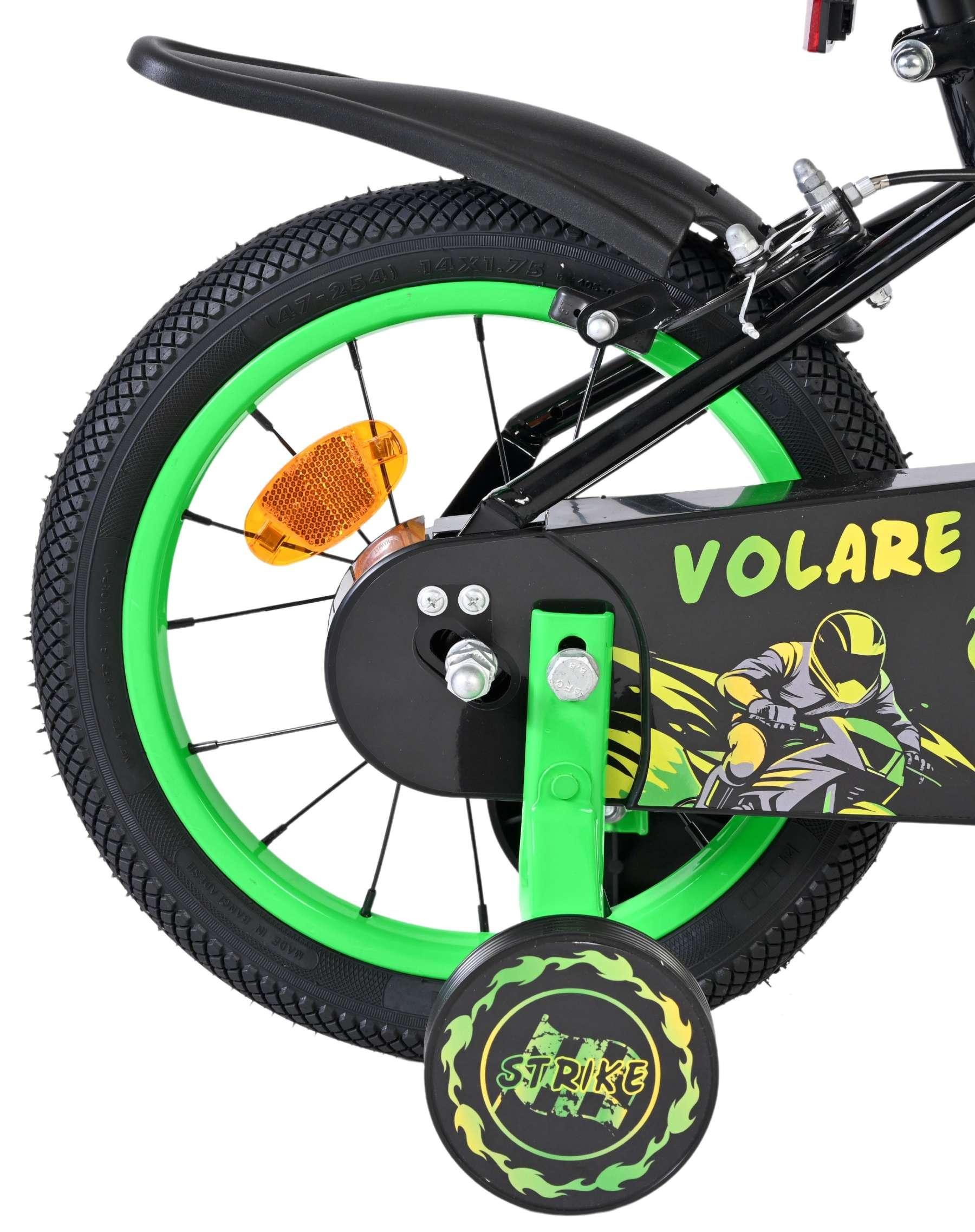 Volare Kinderfahrrad Strike 14 Zoll für Jungen in Schwarz/Grün mit zwei Handbremsen, Stützräder, geschlossener Kettenschutz, Reflektoren, Klingel