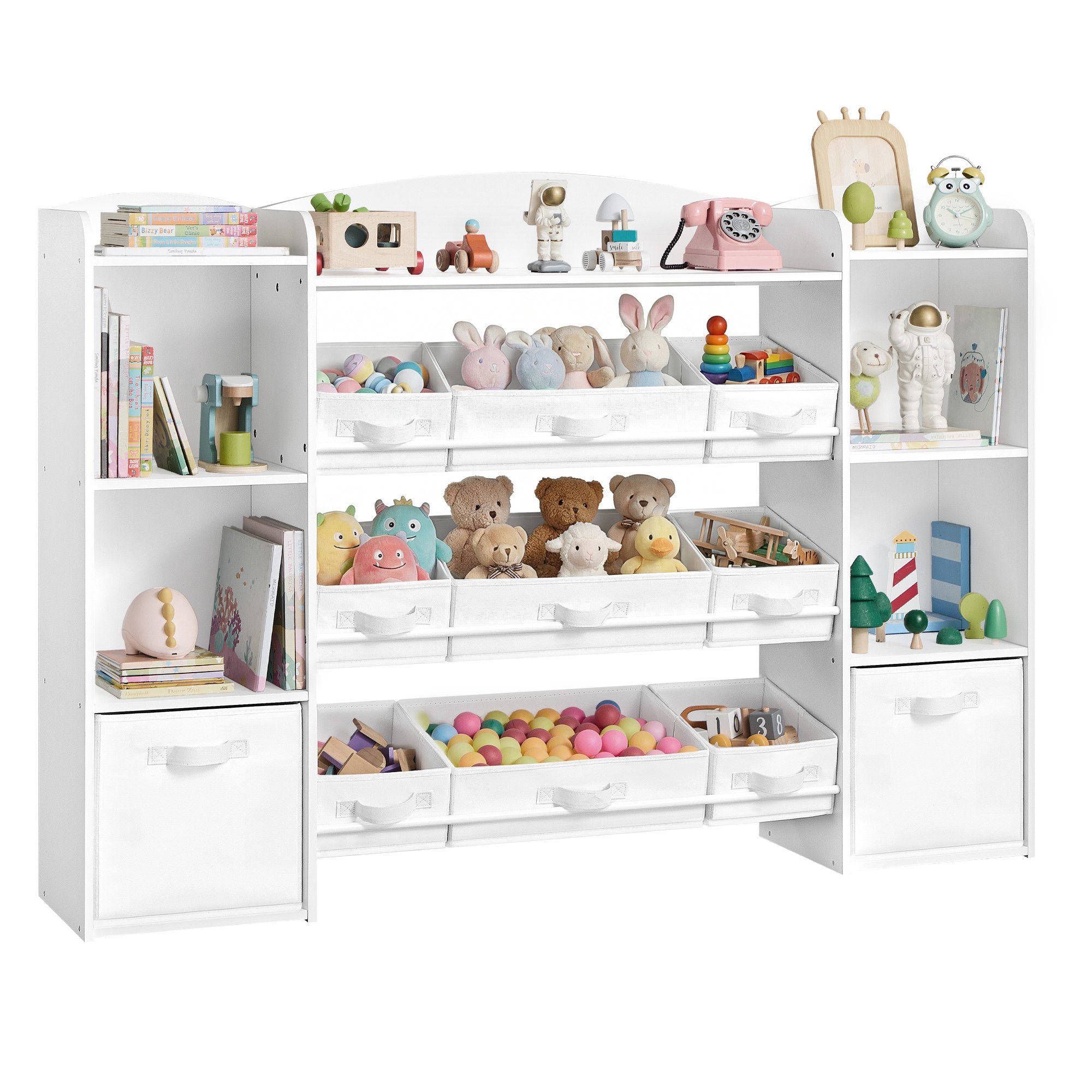 SONGMICS Spielzeugtruhe Kinderregal, Bücherregal, Spiegelregal, 2/4 offene Fächer, 9 mittlere flexible und 2 seitliche Boxen,143,8x30 x104 cm