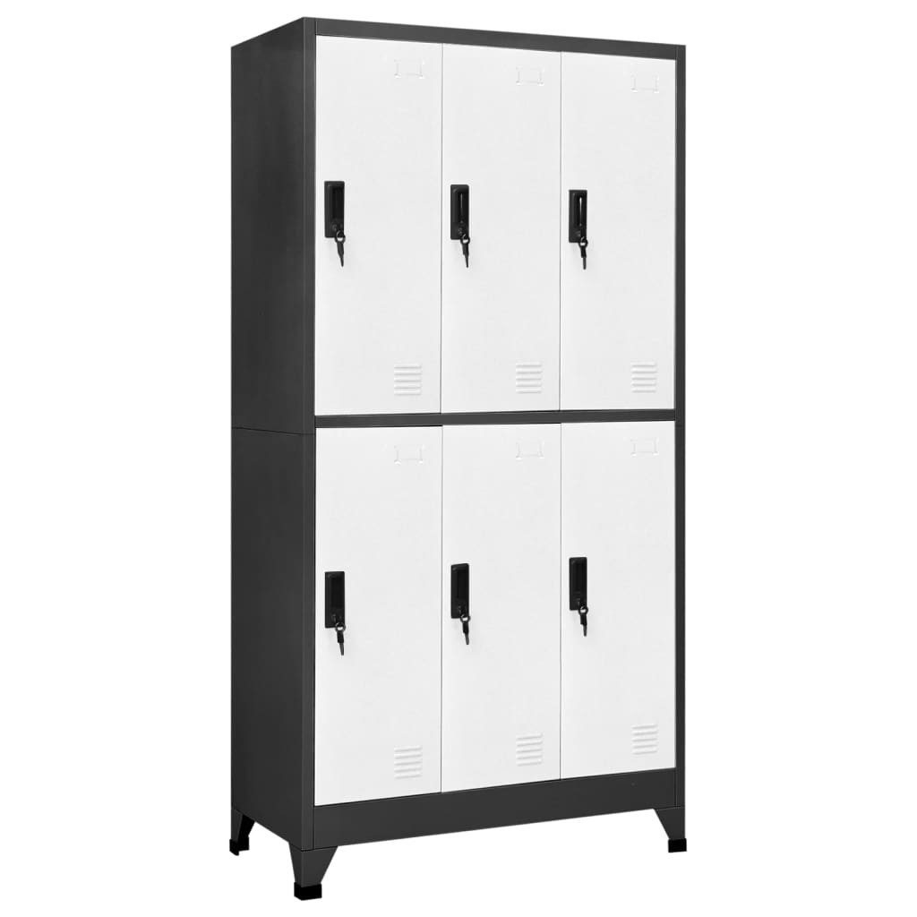 furnicato Spind Schließfachschrank 90x45x180 cm Anthrazit Weiß Stahl (1-St) Spind mit 6 Türen, Namensschildhaltern und Kleiderbügeln für Büro