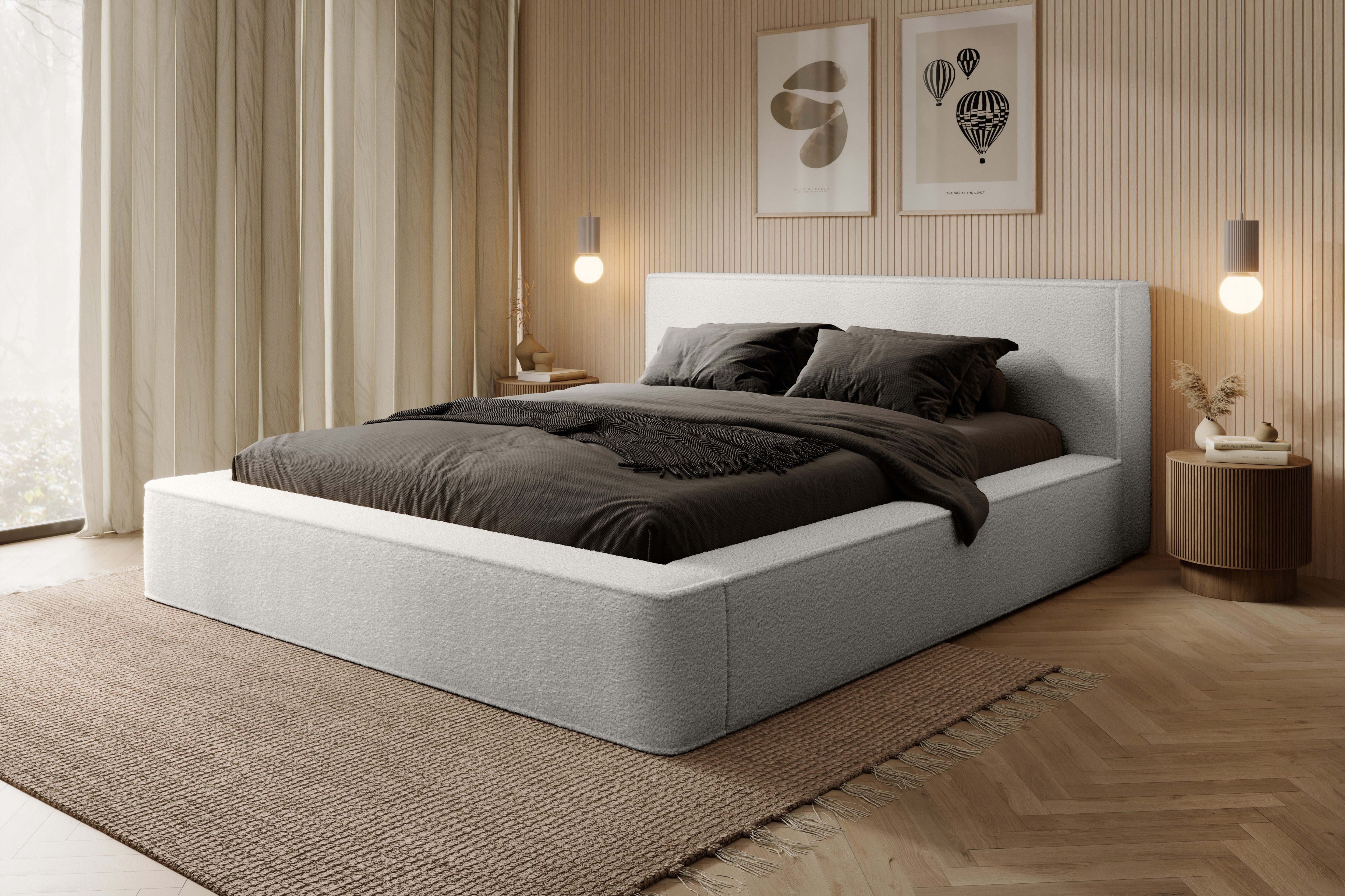 yourhouse24 Polsterbett Alma Doppelbett Bettgestell Lattenrost mit Bettkasten (Bettgestell mit Lattenrost), Mit Bettkasten, Stoff Euphoria, Modernes Design, Gepolstertes Kopfteil