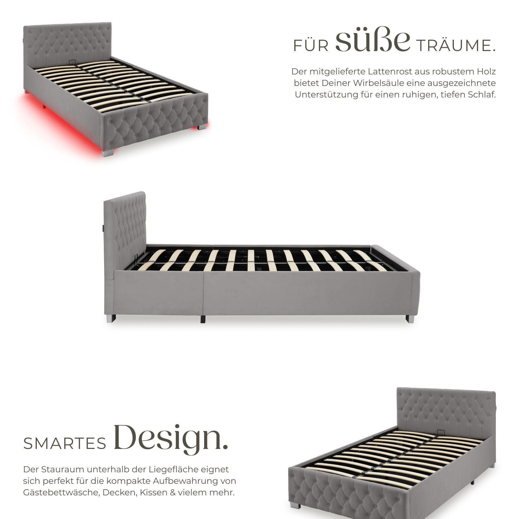 tectake Polsterbett Komfortbett mit LED-Leisten & Stauraum - Samtoptik mit Steppmuster (Bettset, in Dunkelgrau), stabiler Stahlrahmen, Belastbarkeit 200 kg