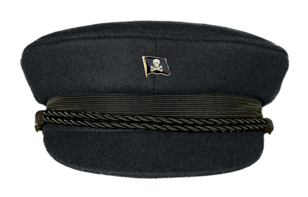MADSea Schiebermütze Elbsegler schwarz mit Flaggenpin Pirat Jolly maritime Kapitänsmütze mit Krone, Zierband, Kordel und Pin
