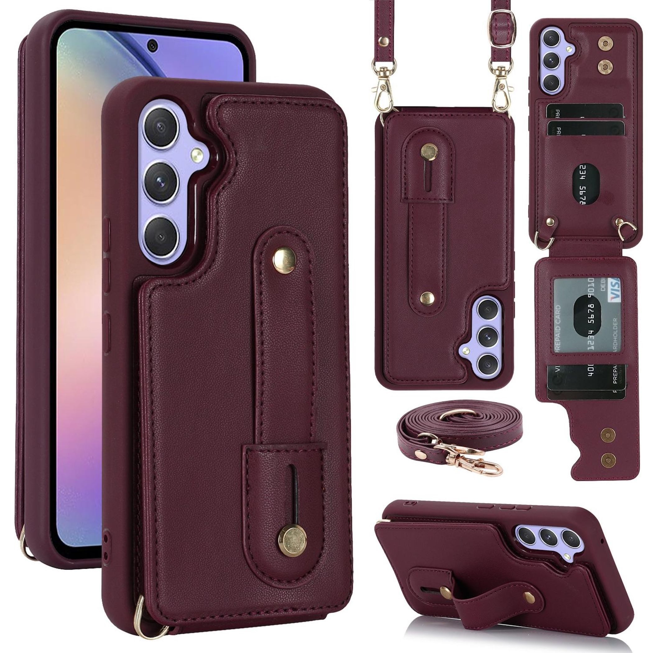 Wigento Handyhülle Fliphülle für Samsung Galaxy S26 Plus Kartenfach Umhängeband Weinrot 6,7 Zoll, Kartenfächer, Handband, Umhängeband