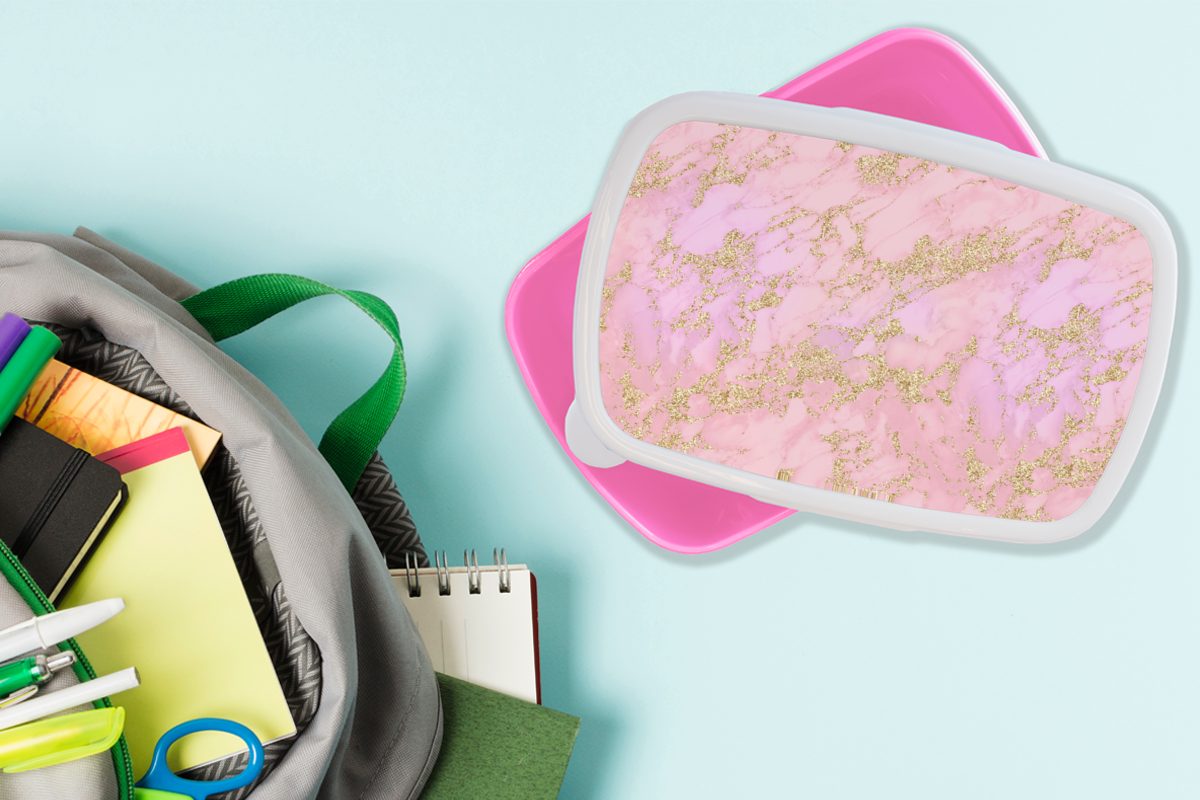 MuchoWow Lunchbox - rosa (2-tlg), Glitter Snackbox, für - Brotdose Brotbox Muster, Kunststoff Gold Erwachsene, Kinder, Mädchen, - Kunststoff, Marmor