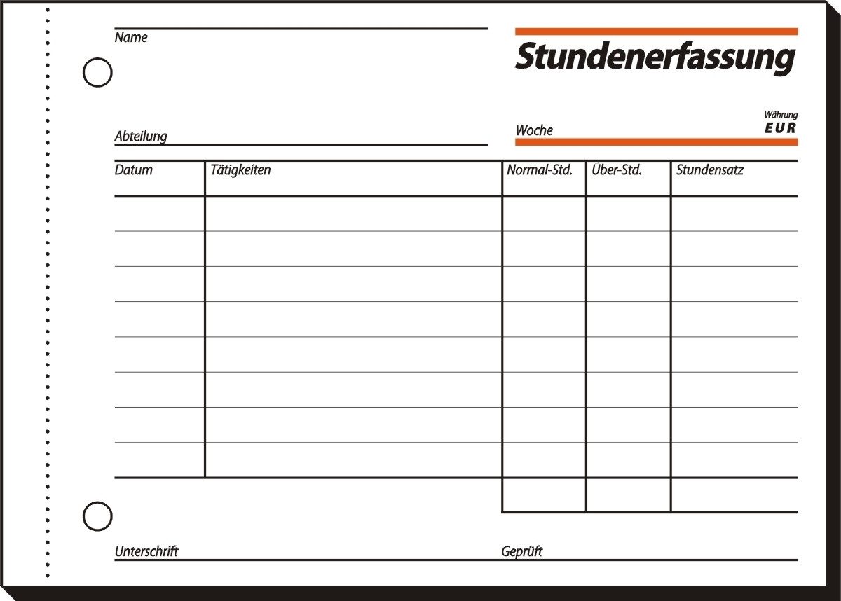 Formularblock Stundenerfassung A6 quer 60g/qm mit Blaupapier 50 Blatt (10 Stück)