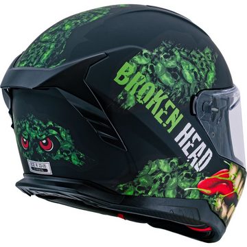 Broken Head Motorradhelm Broken Head Integralhelm Broken Skull Green Grinder + Grün-Verspiegeltes Visier (Mit Grün Verspiegeltem Visier), Aggressive Optik