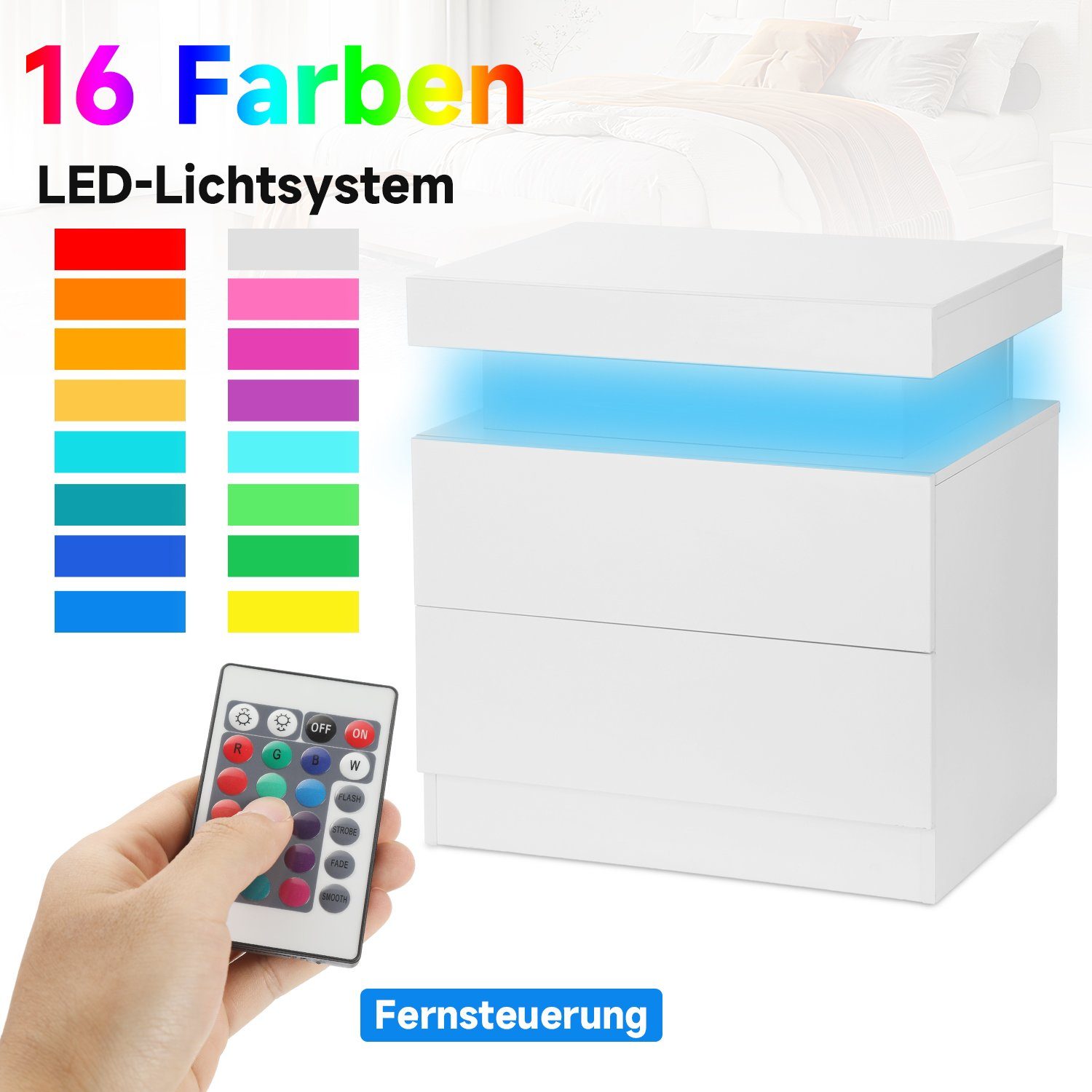 oyajia Nachttisch Hochglanz Nachtschrank mit 2 Schubladen,LED-Beleuchtung 16 Farben (Nachttisch mit LED Streifen, Beistelltisch), Nachttisch mit einstellbare Fa – Bild 5 von 5