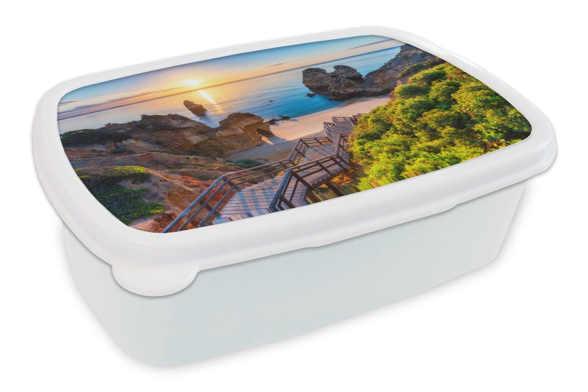 MuchoWow Lunchbox Strand - Meer - Portugal, Kunststoff, (2-tlg), Brotbox für Kinder und Erwachsene, Brotdose, für Jungs und Mädchen weiß