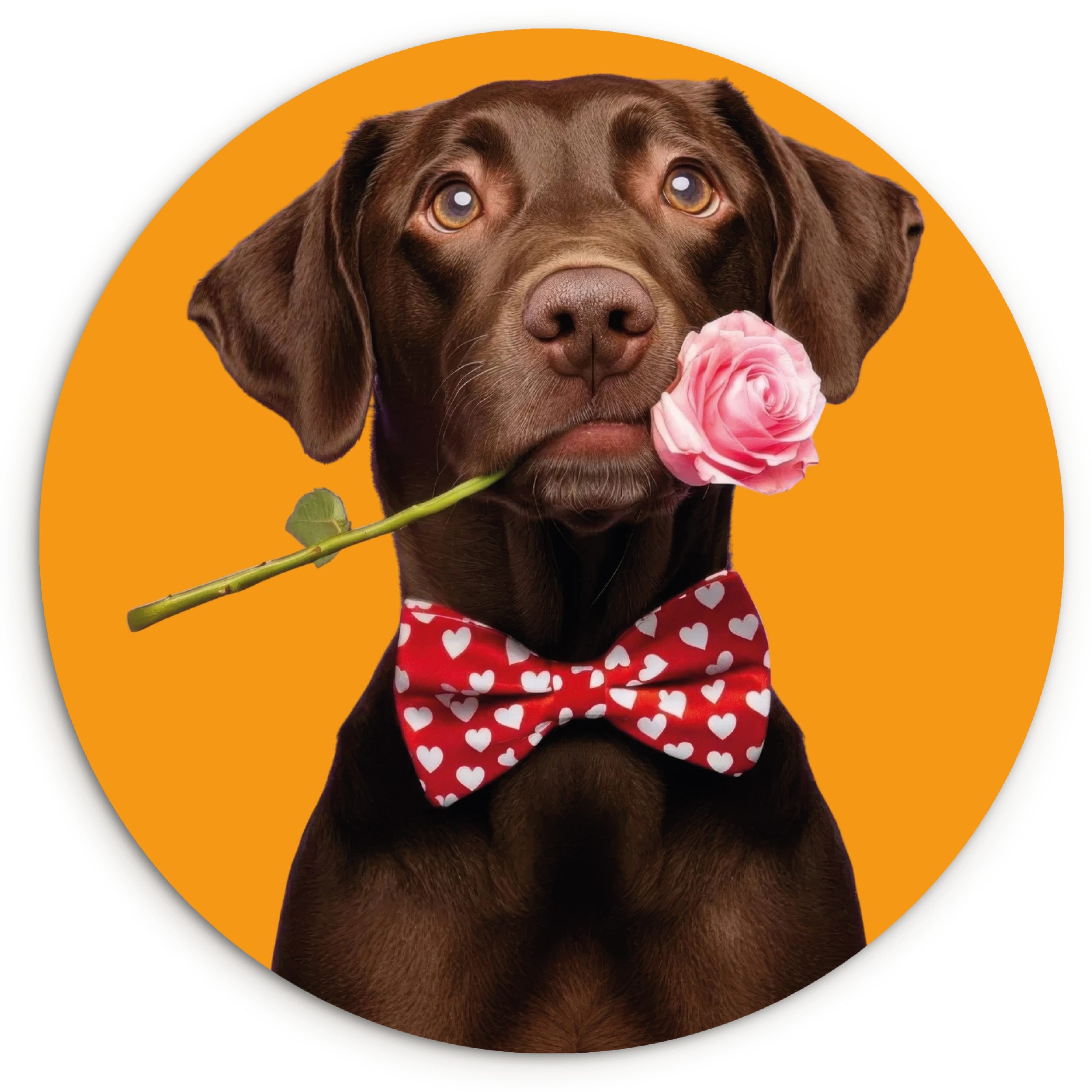 MuchoWow Gemälde Hund - Orange - Rose - Valentinstag, Fotodruck (1 St), Kreis Wanddekoration, Rundes Wandbild, 30x30 cm
